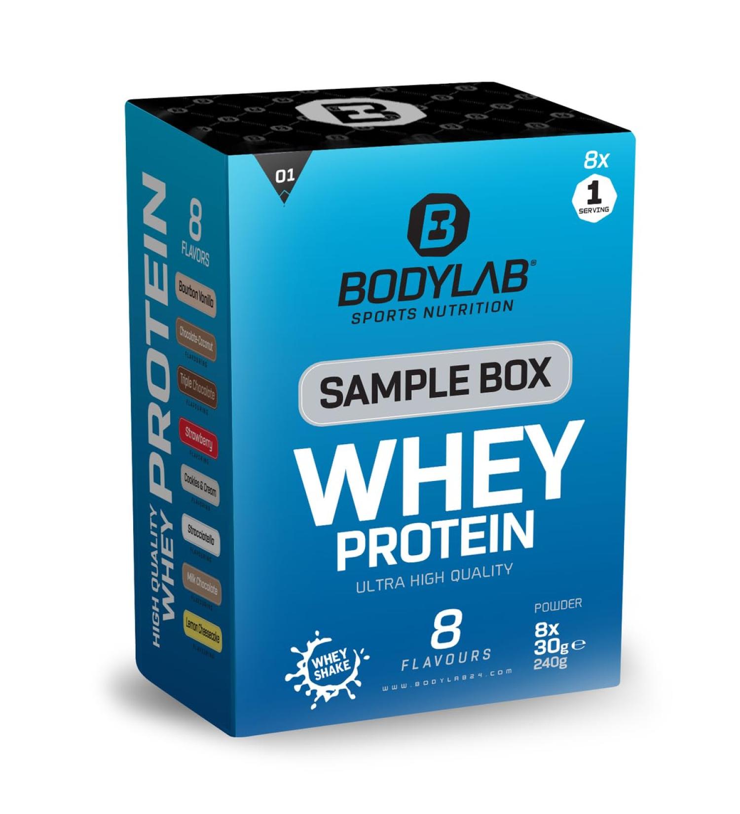 Bodylab24 Sample Box Whey Protein 1 (8x30G) 80% protein content rich in BCAAs 8 flavor variants to try out with 1 portion perfectly soluble ideal for use after training sample box 30 g (8 Pack)
