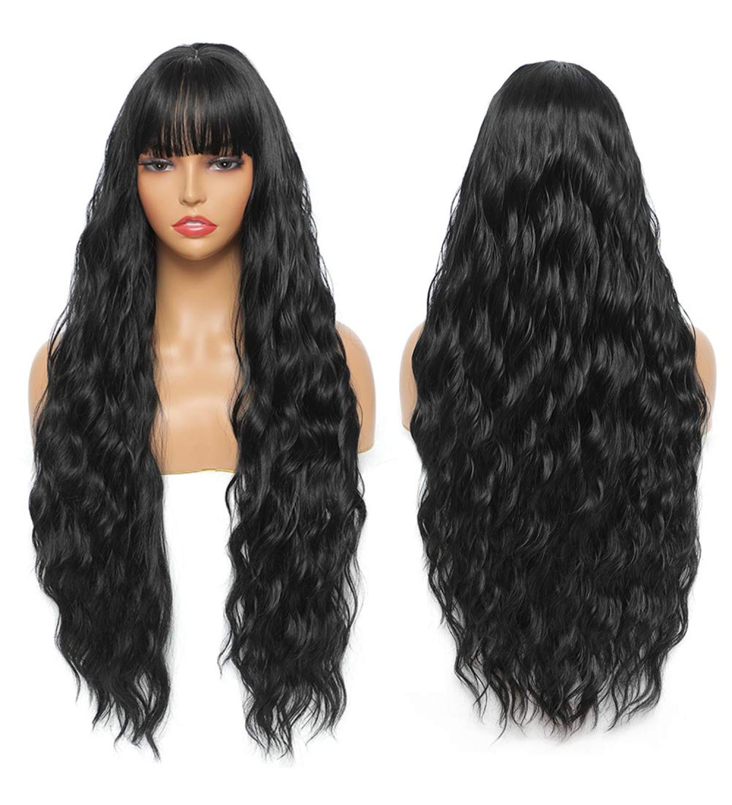 Sylhair 75 cm Black Water Wave Wig for Women | Long Wavy Synthetic Wig with Bangs | Super Long 1B Black Wig - Buy Online on GoSupps.com