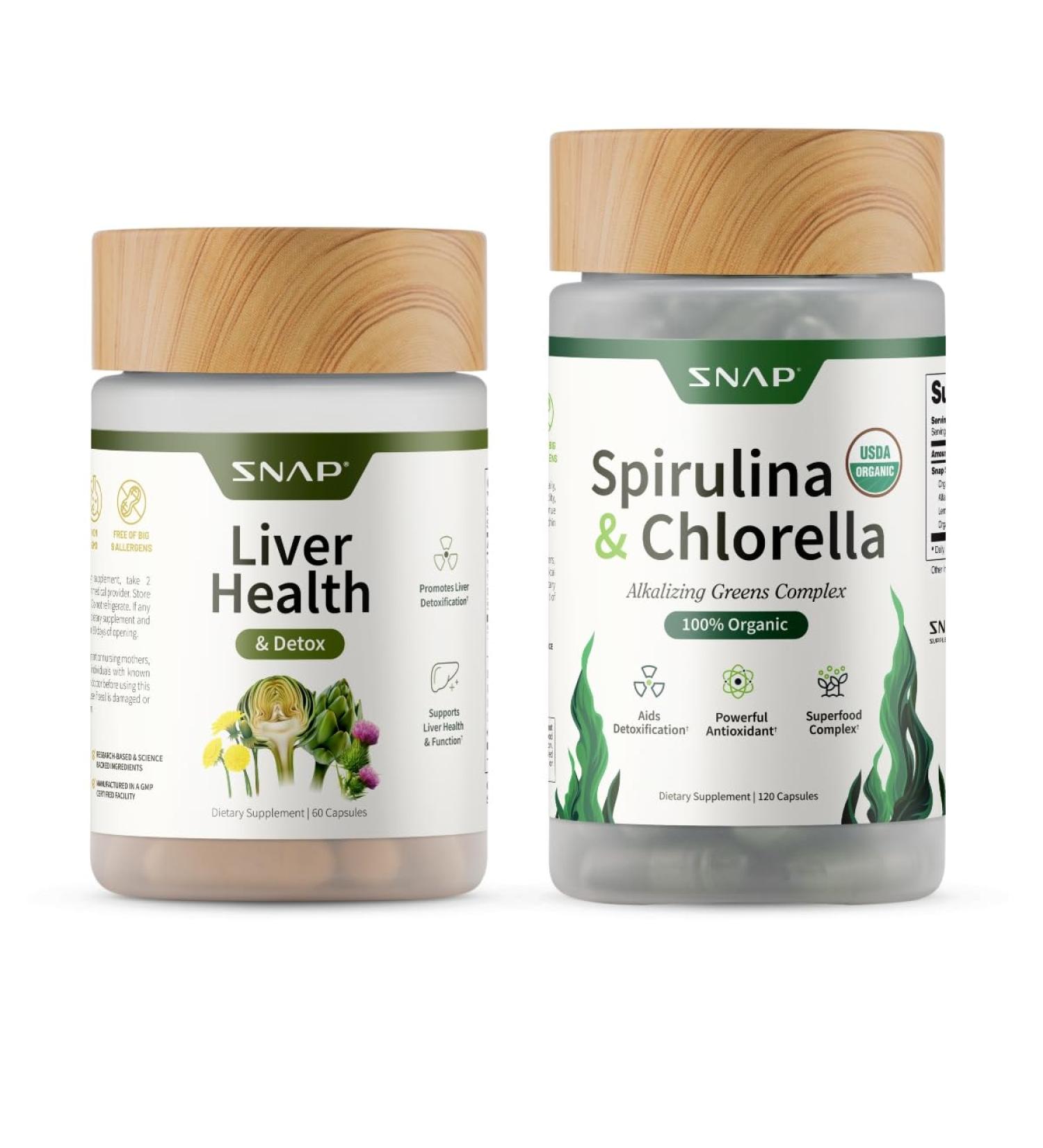 Snap Supplements Liver Health + Organic Spirulina and Chlorella Bundle 60 + 120 Vegetarian Capsules - Buy Online on GoSupps.com