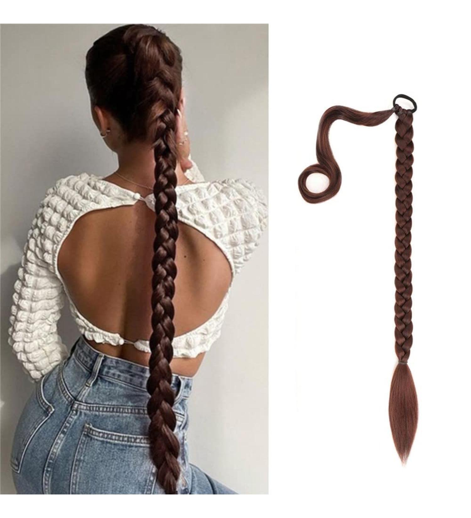 32 inch DIY Braided Ponytail Extension with Hair Tie Long Straight Wrap Around Ponytail Hair Extensions Soft Synthetic Pony Tail Hairpieces for Women Girls Darkest Brown mix with Dark Auburn Brown 32 inch 2/33 - Buy Online on GoSupps.com