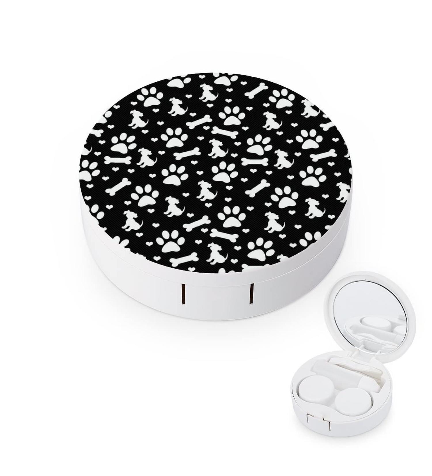 Black And White Dog Paw Prints Round Case For Contact Lens Kit Storage Box with Mirror Printed - Buy Online on GoSupps.com