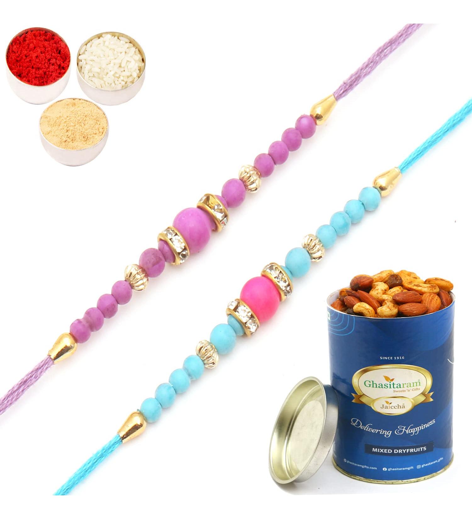 Ghasitaram Gifts Rakhi for Brother Rakhis Online - Set of 2- R022 Rakhis with 100 GMS of Dryfruits Mix Can 2 Rakhi with 100 gms of Dryfruits Mix Can - Buy Online on GoSupps.com