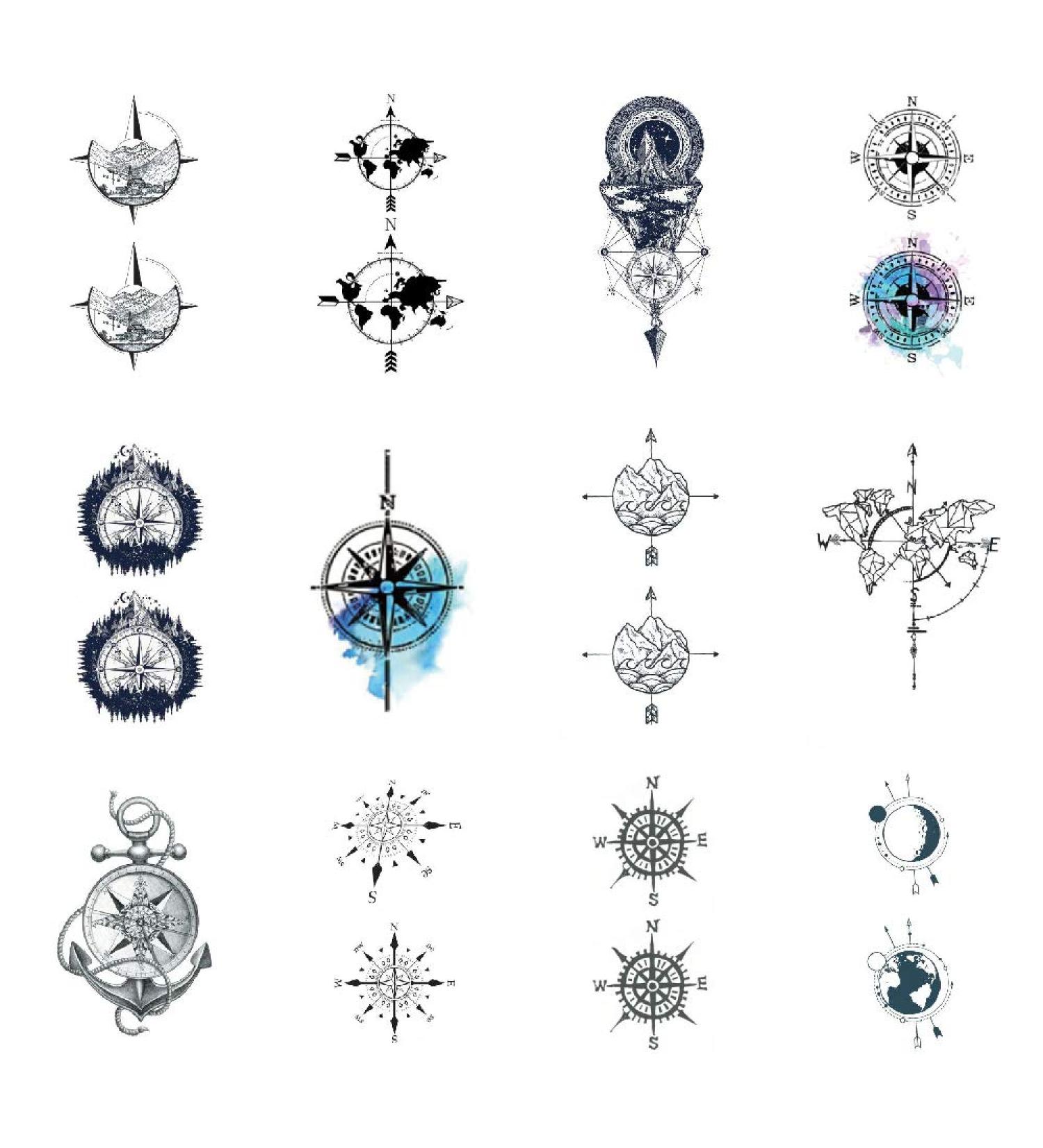 Waterproof Temporary Tattoo Stickers - Set of 12 Compass Grey Watercolor Blue Designs - Buy Online on GoSupps.com