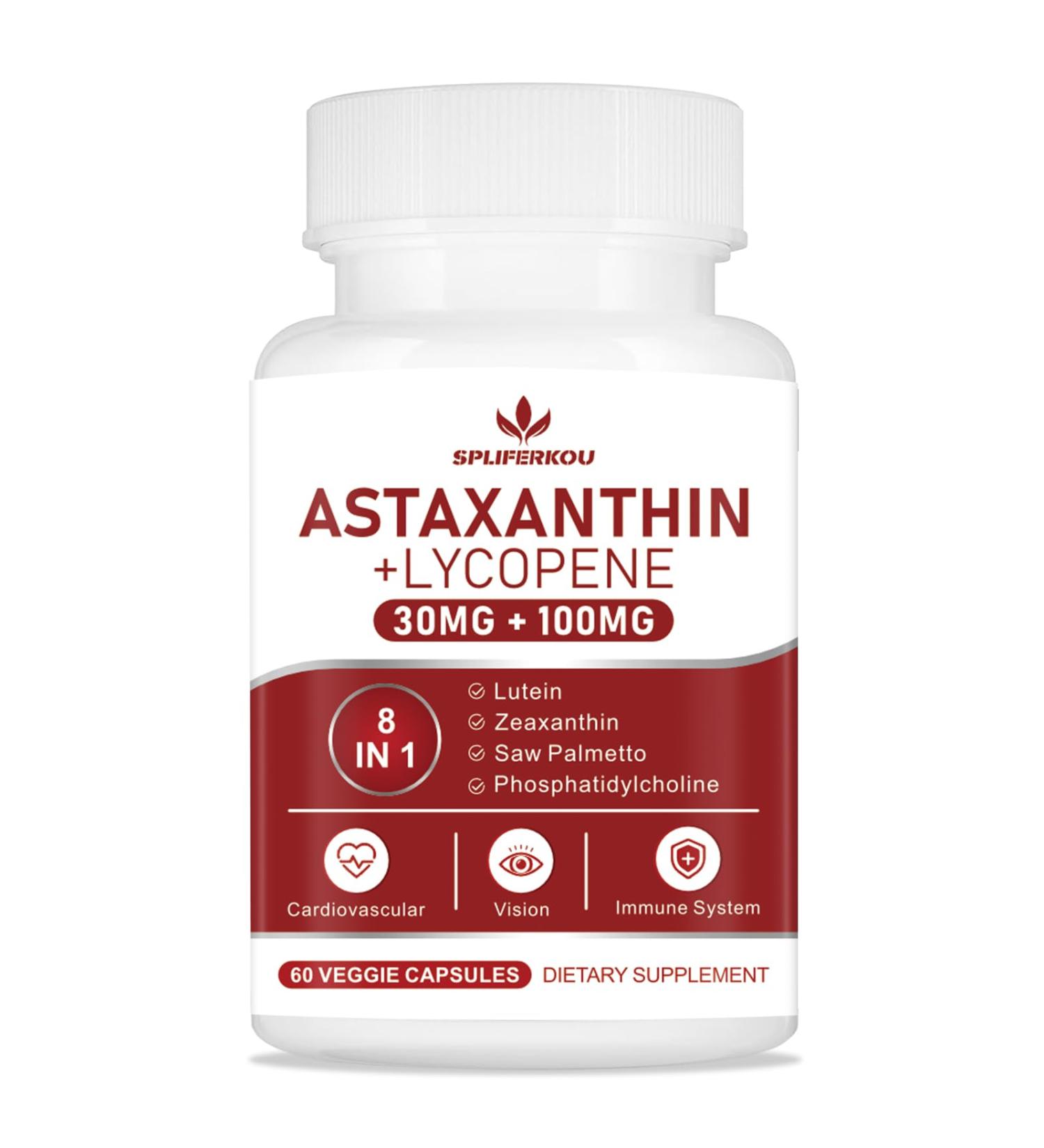 Spliferkou Astaxanthin and Lycopene 70mg Astaxanthin Supplement with Phosphatidylcholine Lutein and Zeaxanthin Powerful Antioxidants Supplement Support for Skin Eye and Joint Health (60 Capsules) - Buy Online on GoSupps.com
