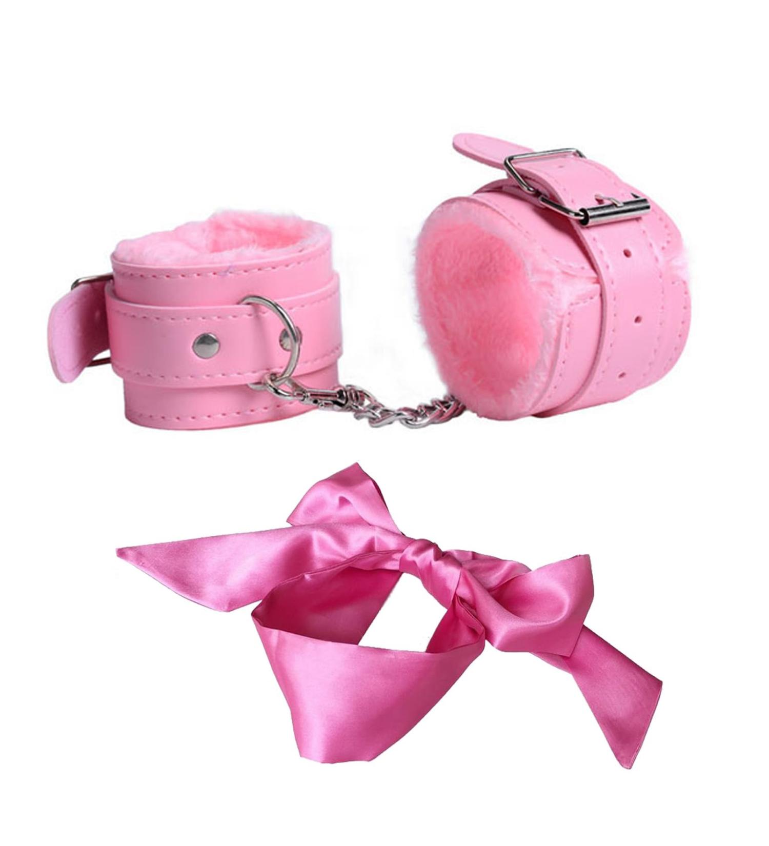 Punk Leather Wrist Handcuffs Satin Blindfold Fluffy Handcuffs Bracelet Handcuffs Prop Cosplay Costume Props Adjustable Chain and Satin Sleeping Mask Eye Mask for Halloween Cosplay (Pink) - Buy Online on GoSupps.com