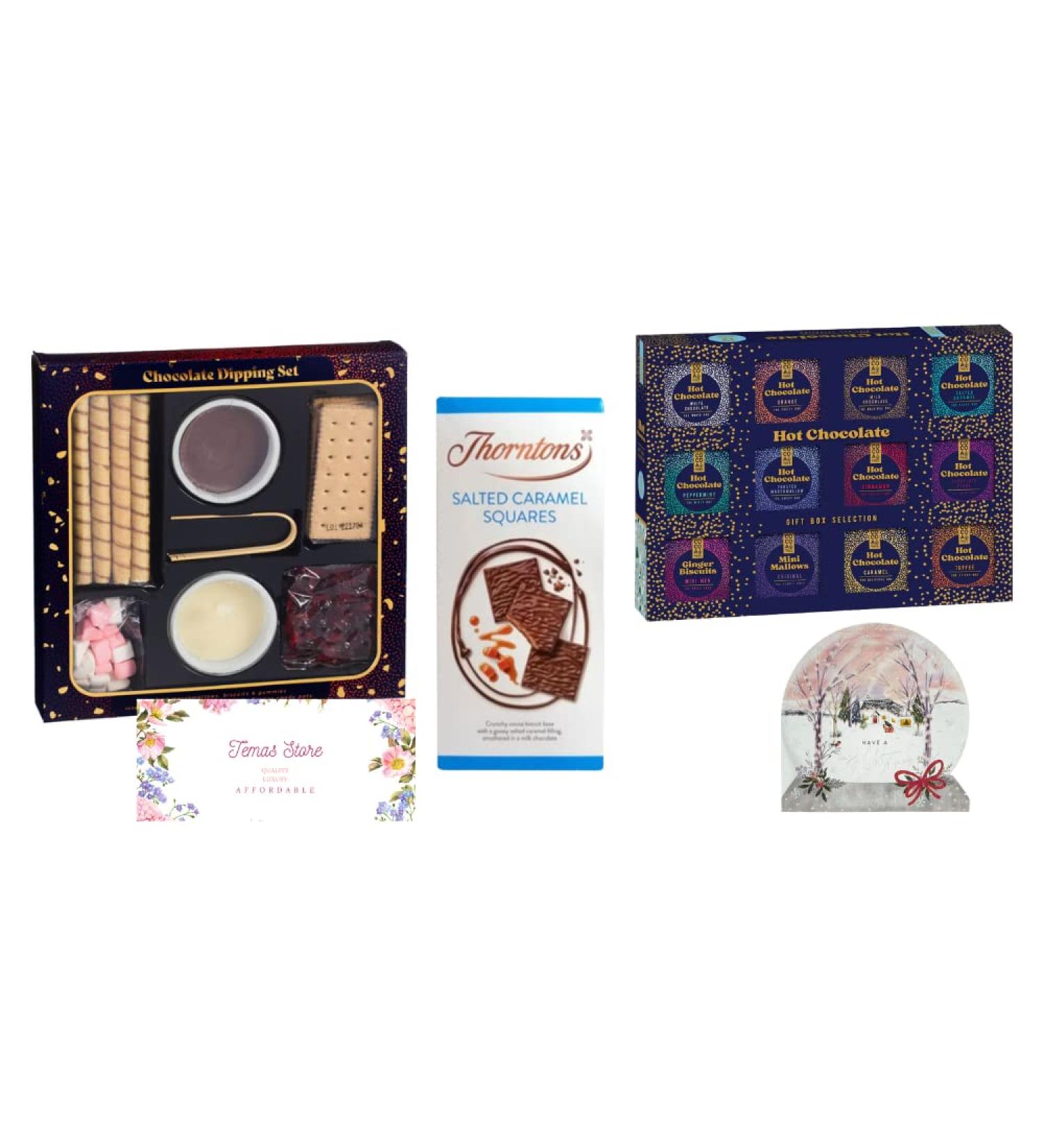 Temas Hot Chocolate Gift Set Includes Chocolate Dipping Set Marshmallows Cookies Rice Bars White chocolate Peppermint Caramel Squares Christmas Card 2023 & Variety of Hot chocolate Flavours - Buy Online on GoSupps.com