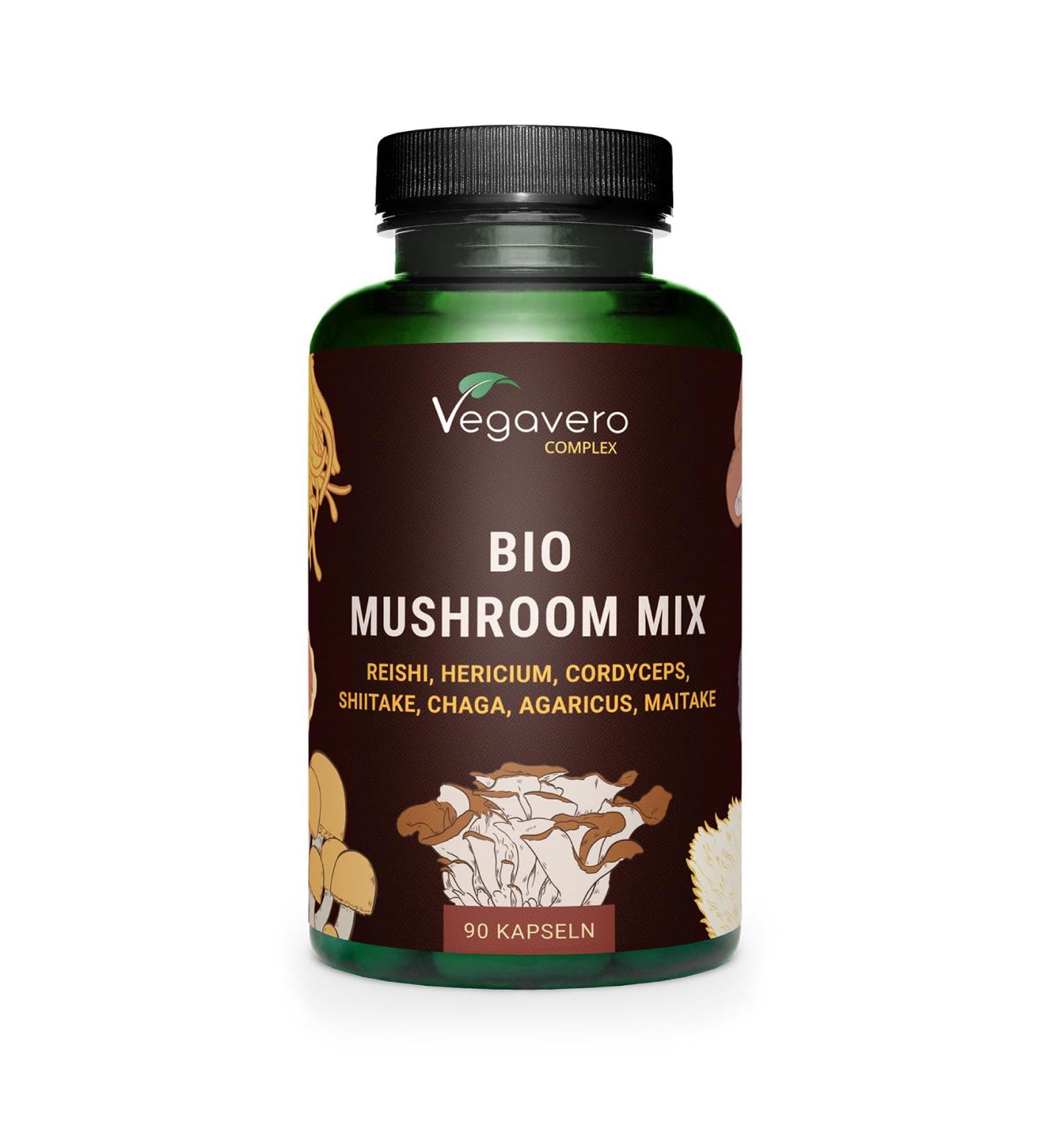 Complex 7 Organic Mushrooms | With Organic Extracts: Lions mane Maik Shiitake Cordyceps Reishi Chaga Agaricus | 1300 mg | Immune Defense | Vegan & No Additives | Vegavero  - Buy Online on GoSupps.com