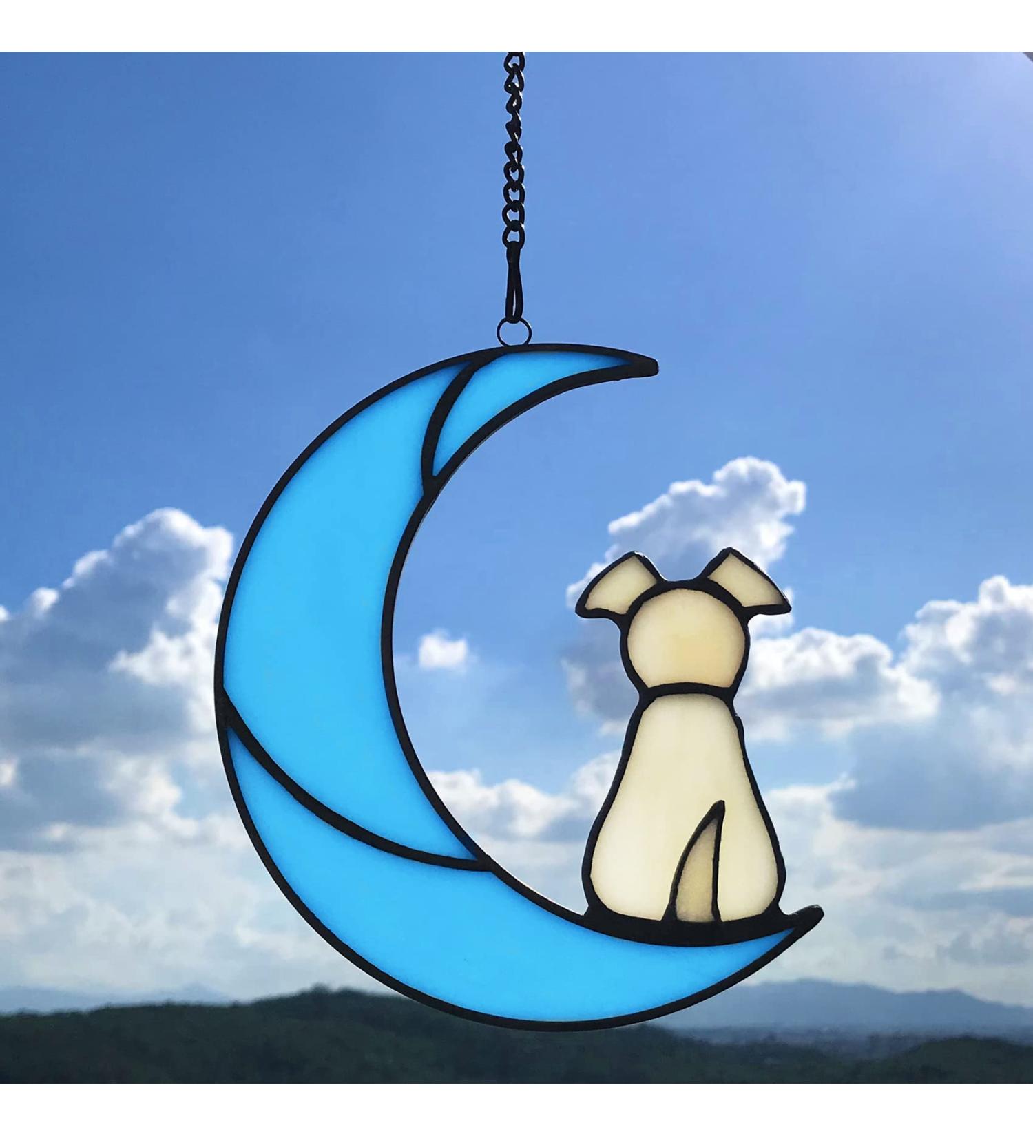 Stained Glass Dog Memorial Suncatcher Yellow Dog Decor on Blue Moon Window Hangings | Sympathy Gift for Loss of Dog - Buy Online on GoSupps.com