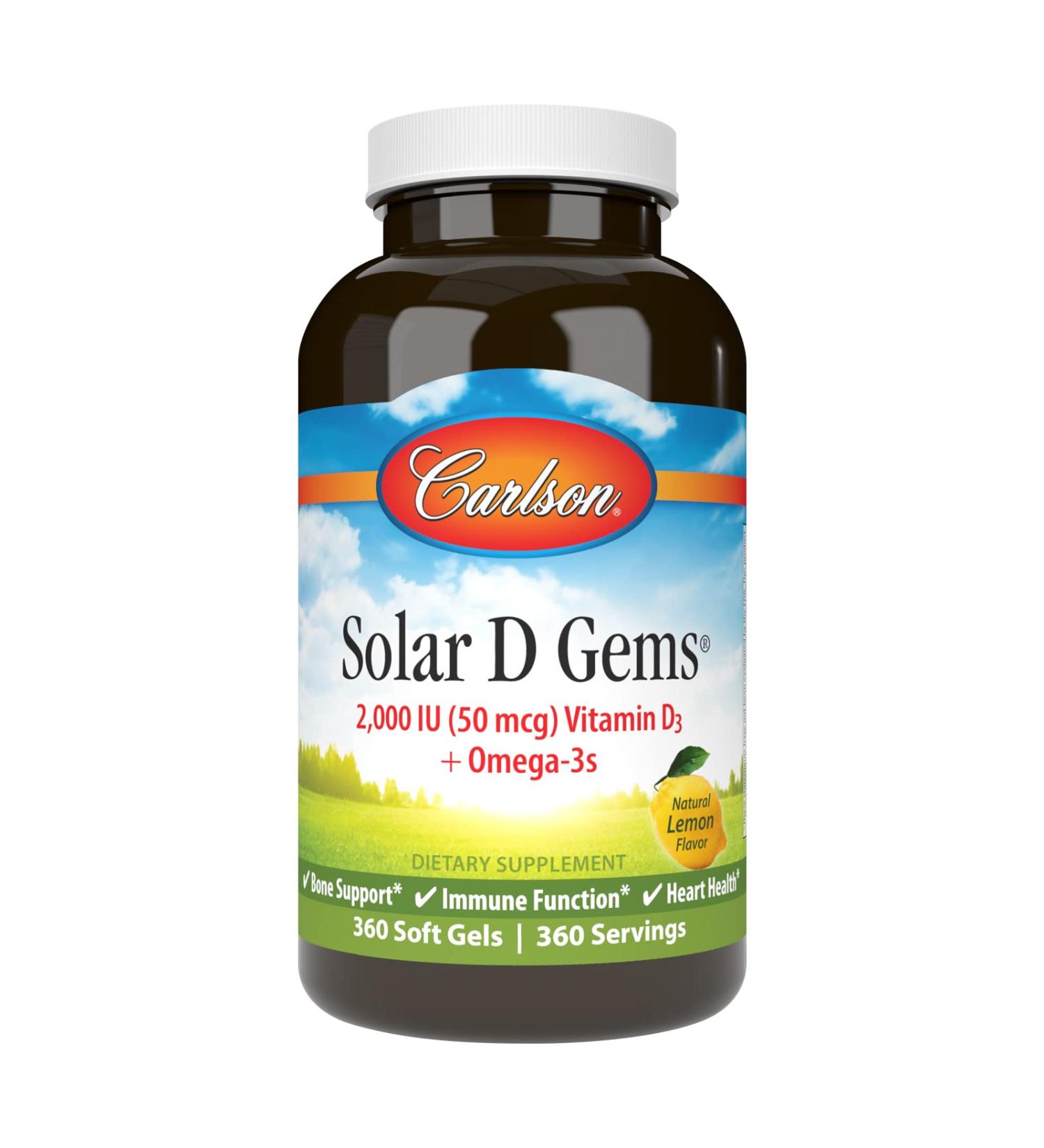 Carlson - Solar D Gems Vitamin D3 and Omega-3 Supplement 2000 IU (50 mcg) Vitamin D3 115 mg Omega-3s EPA and DHA Supplement Wild Caught Sustainably Sourced Lemon 360 Softgels - Buy Online on GoSupps.com