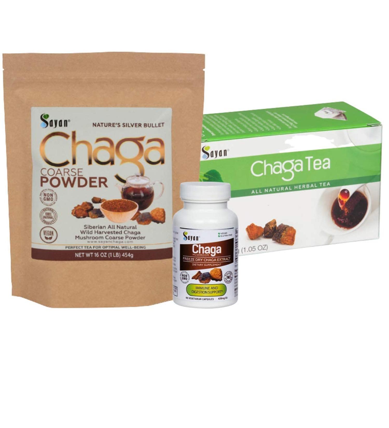 Sayan Chaga Supplements - Raw Chaga Powder (1lb) Chaga Mushroom Capsules (90 Capsules) Chaga Tea Bags (20 Bags) - Buy Online on GoSupps.com