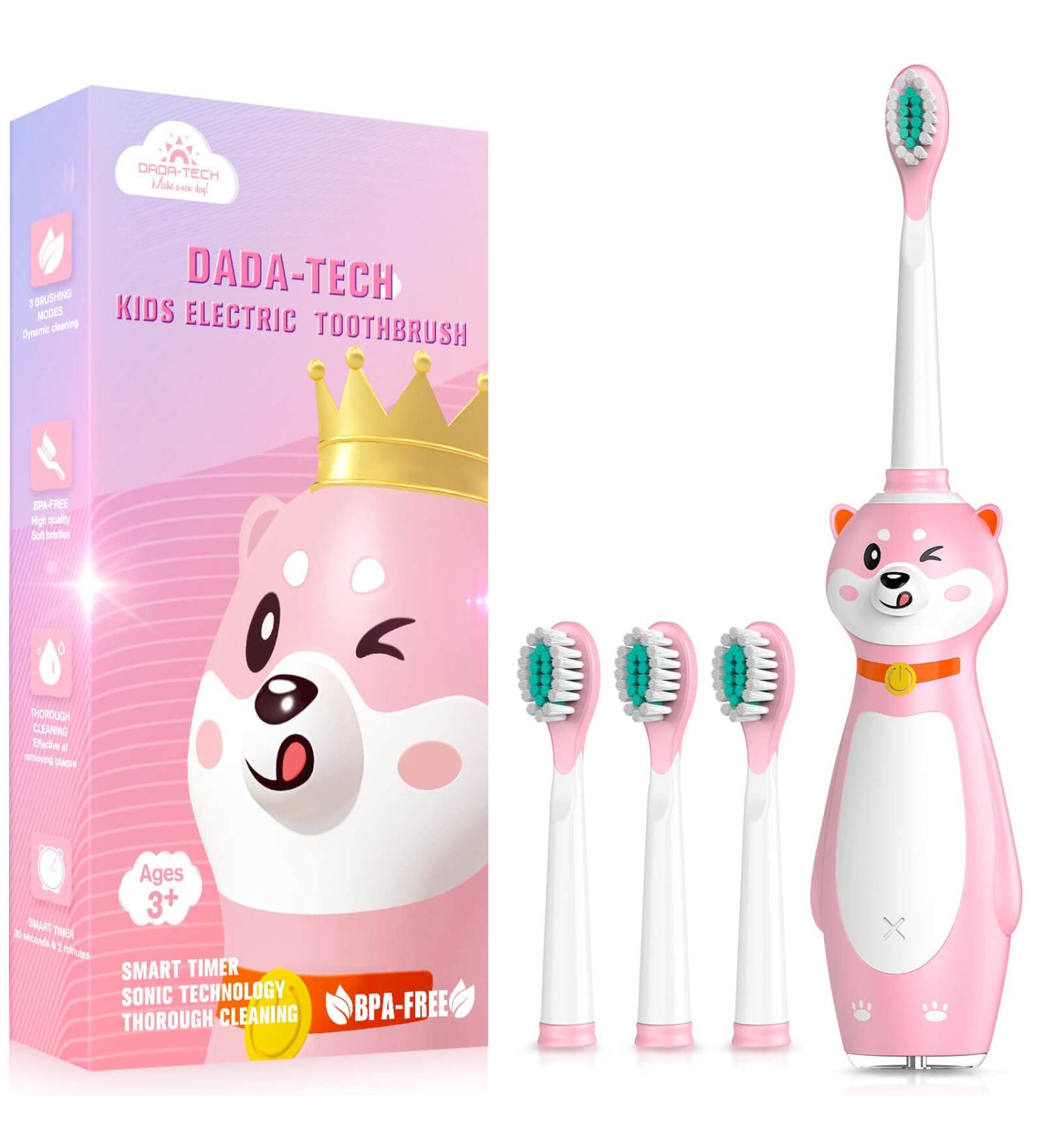 Dada-Tech Kids Rechargeable Electric Toothbrush with Timer & Memory, 3 Modes, 4 Soft Brush Heads - Pink Shiba Inu Design | Ages 3+ | Sonic Silicone Teeth Brush for Boys & Girls - Buy Online on GoSupps.com