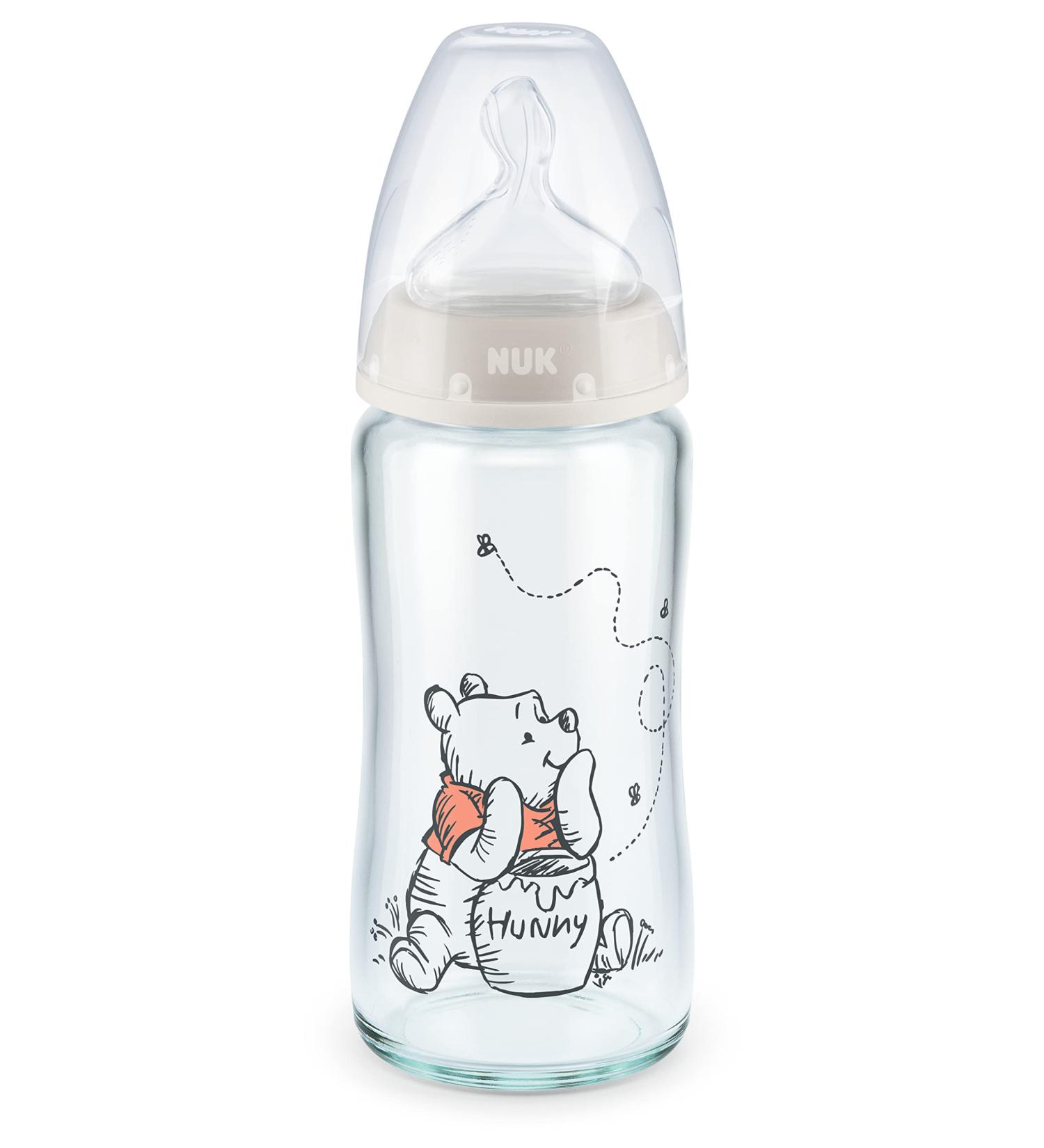 Buy NUK Disney Winnie the Pooh First Choice+ Glass Baby Bottle - Temperature Control 240ml for 0-6 Months - Jaw-Friendly Teat - International Shipping - Buy Online on GoSupps.com