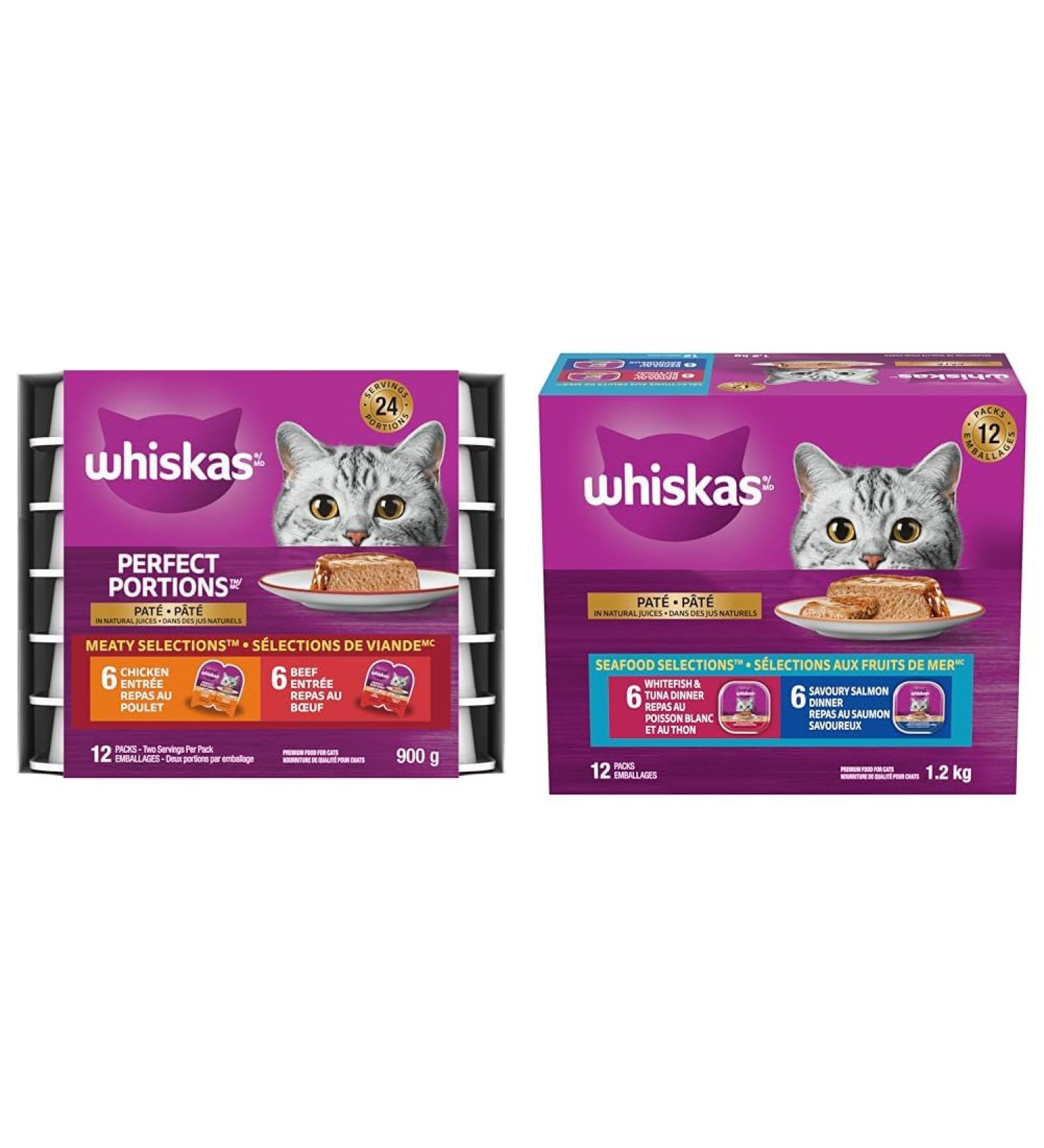 WHISKAS Perfect Portions Meaty Selections Adult Wet Cat Food Pat 12x75g Tray & Seafood Selections Adult Wet Cat Food Pat Multipack - 6 Whitefish and Tuna 6 Salmon 12x100g Tray Beef Chicken + Cat Food - Buy Online on GoSupps.com