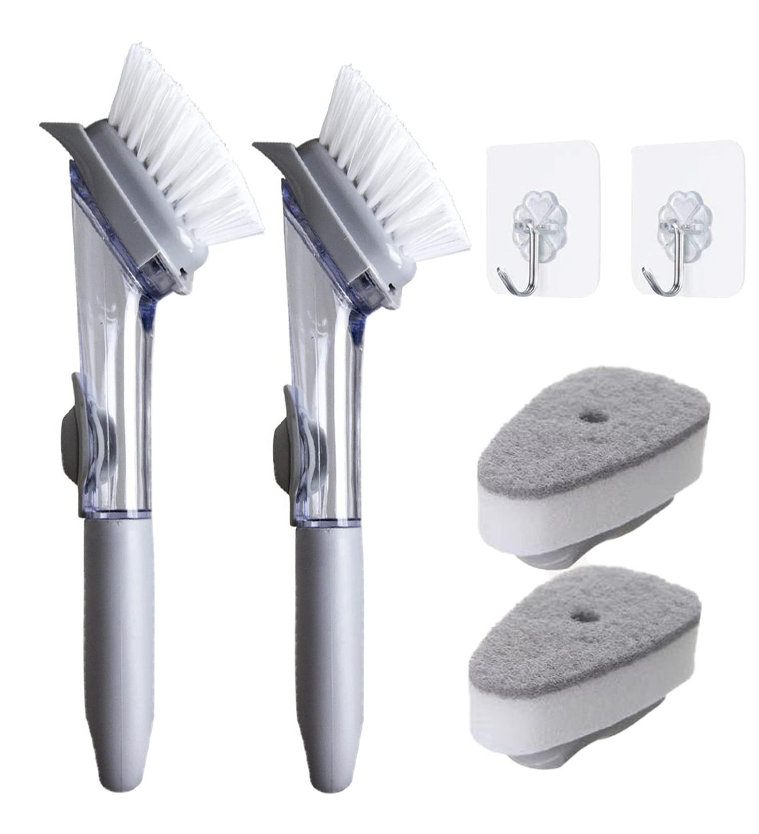 2 Pack Dish Sponge Scrubber Brush with Handle Soap Dispenser and 2 Dish Wand Refills Sponge Heads Silicone Dish Cleaning Brush Scrubber Set for Usage Kitchen Sink Pots Pans Dishes with 2 Hooks - Buy Online on GoSupps.com