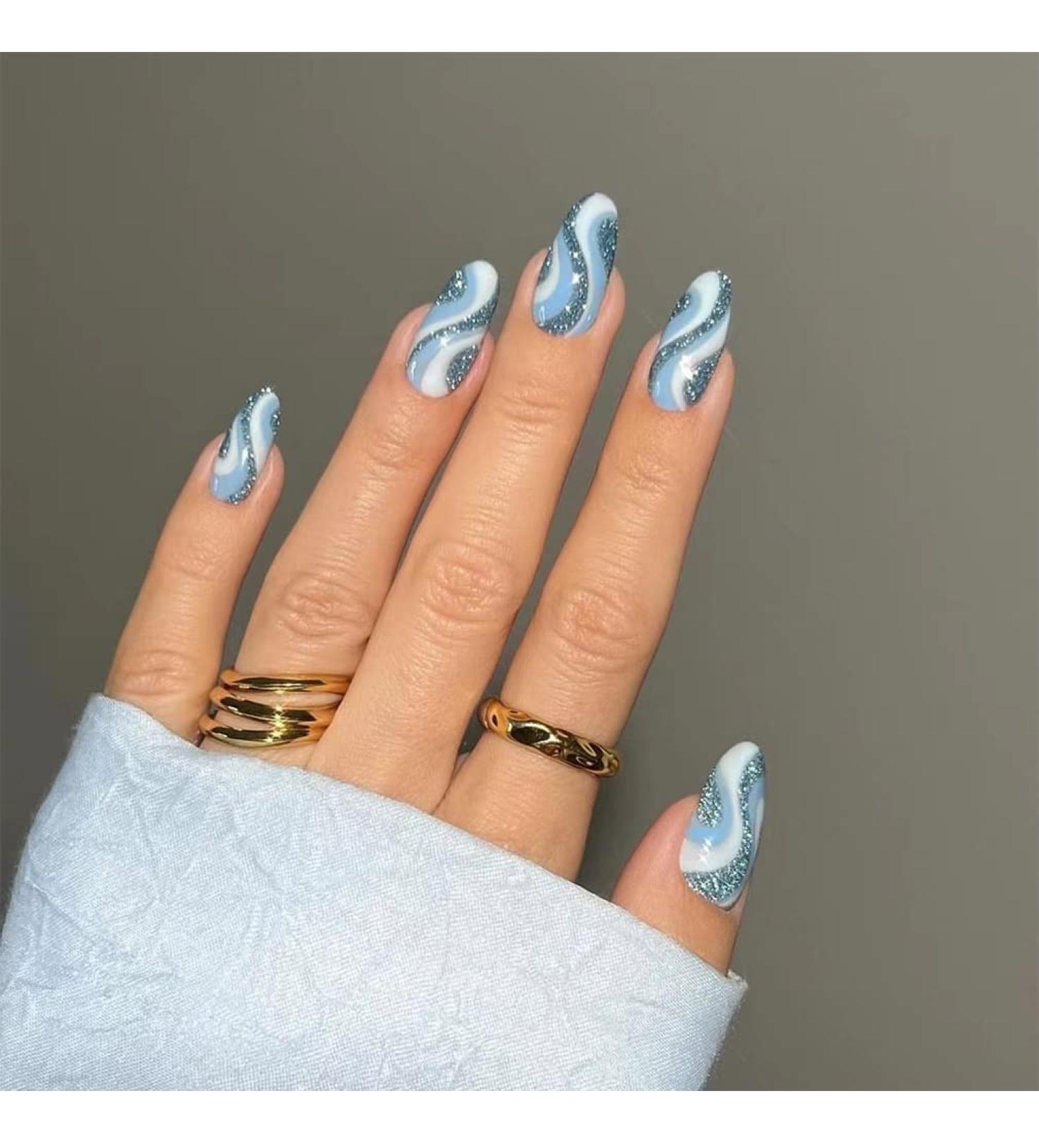 Sethexy Glitter Almond False Nails - 24 Pcs Swirl Press-On Nails for Women & Girls | Blue Hawaii Acrylic Stick-On Nails - Buy Online on GoSupps.com
