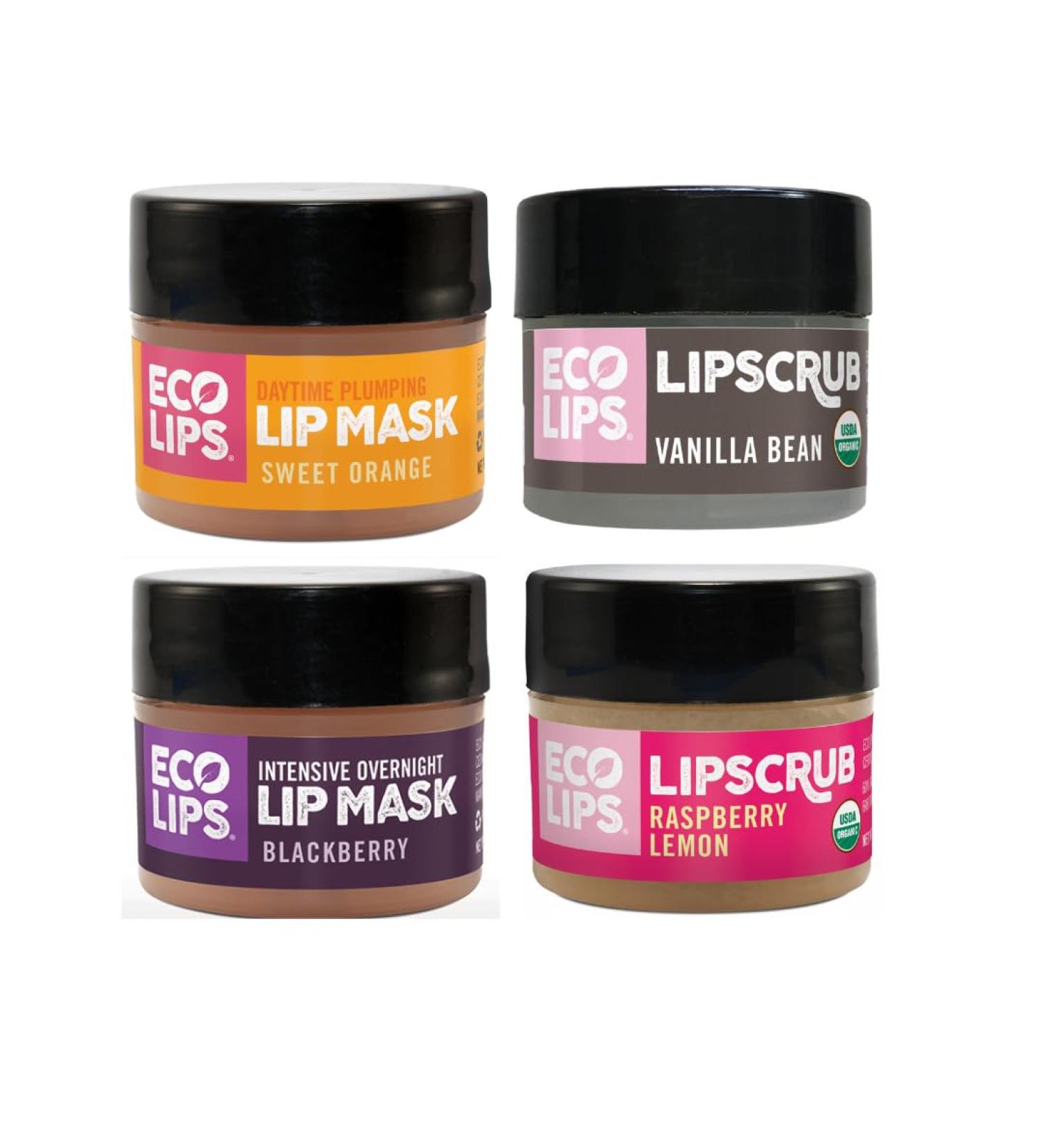 Eco Lips Organic Sugar Lip Scrub Plumping Lip Mask & Overnight Intensive Lip Mask for Chapped Lips 4-Pack (0.25 oz. each) 100% Natural 4-Pack (Lip Scrubs & Masks)