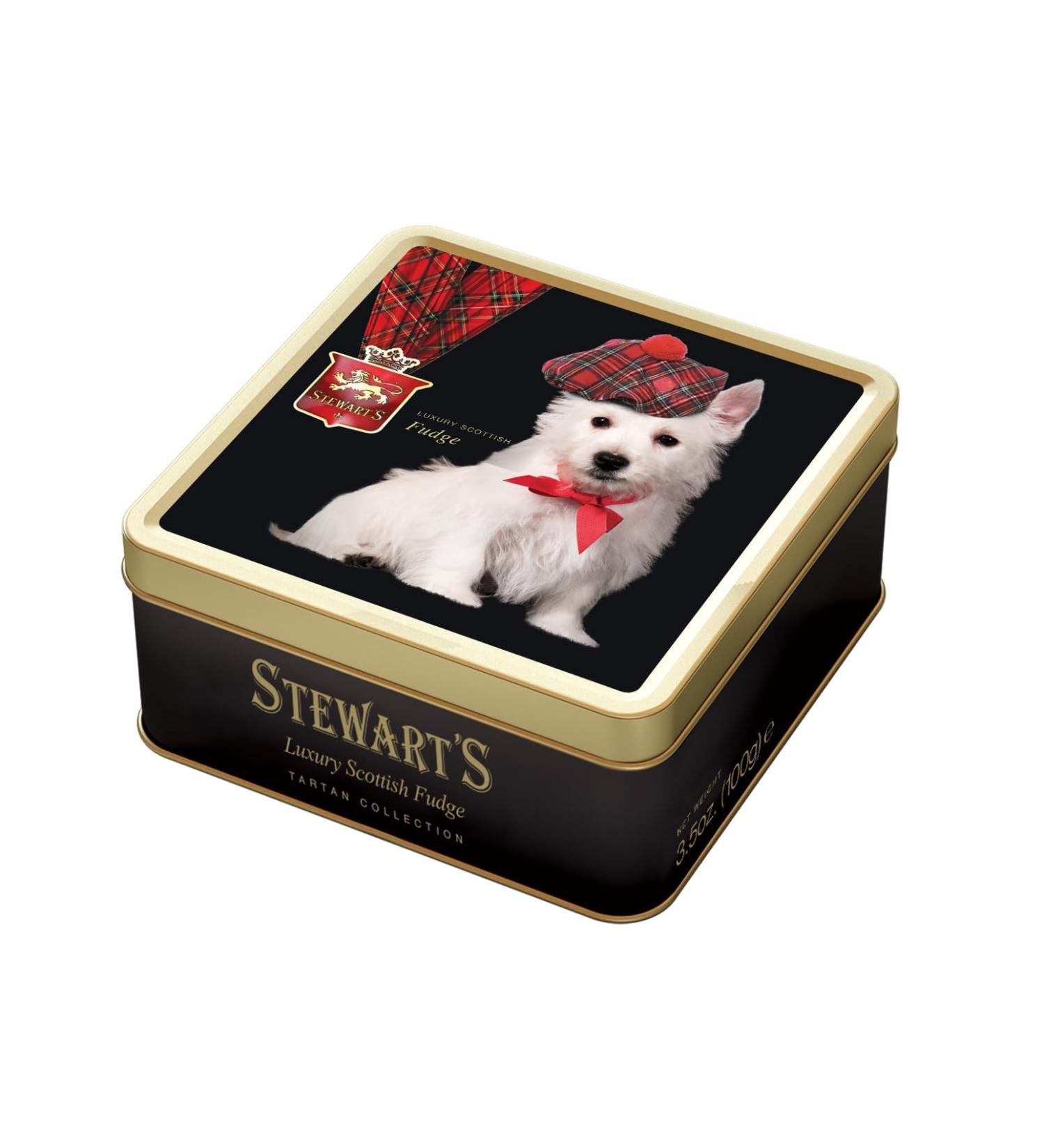 Stewart's - Westie Tin Filled with Luxury Fudge (100g) - Rich Creamy Decadent Velvety Indulgent Melt-in-your-mouth Buttery Smooth Luxurious Delectable Fudge 1 x 100g Westie Tin - Fudge - Buy Online on GoSupps.com
