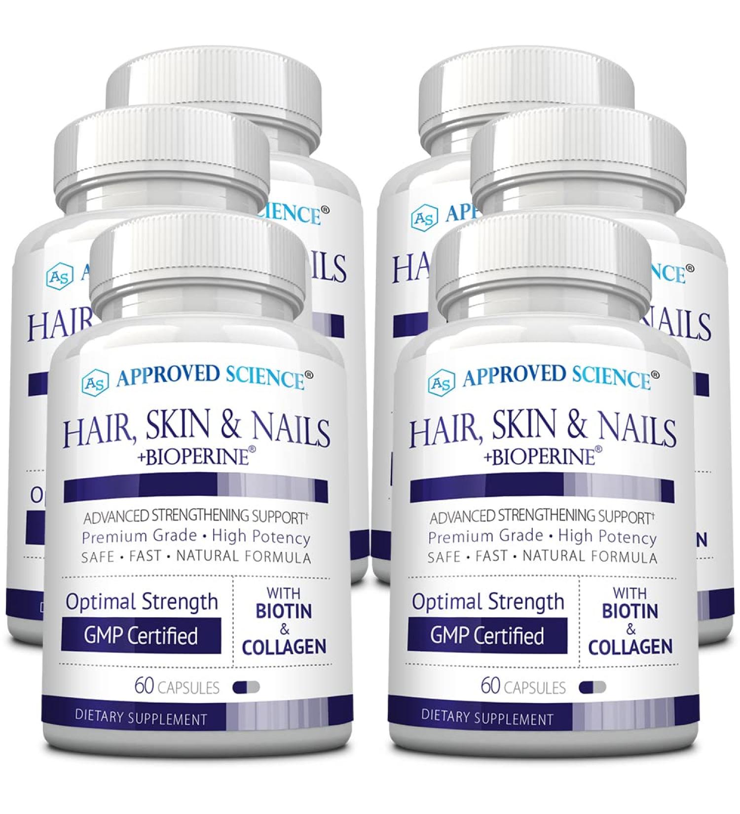 Approved Science Hair, Skin and Nails - Support Supplement - Biotin, Collagen, Vitamin B Complex, Silica, BioPerine - 360 Capsules - 6 Month Supply - Buy Online on GoSupps.com