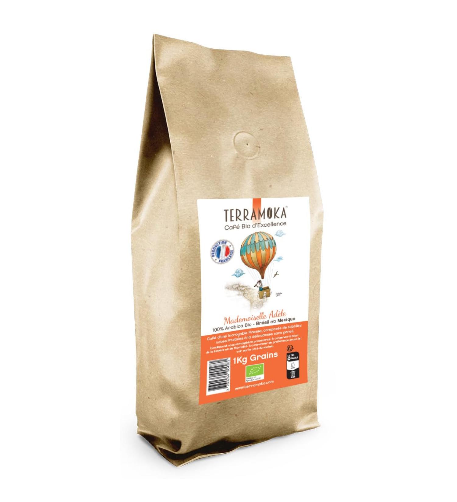 TERRAMOKA - 1 Kg Organic Coffee Beans of Excellence - 100% Pure Arabica from Mexico and Brazil - Delicate fine and fruity - 100% Recyclable Bag - Mademoiselle Ad le - Roasted in France - Buy Online on GoSupps.com