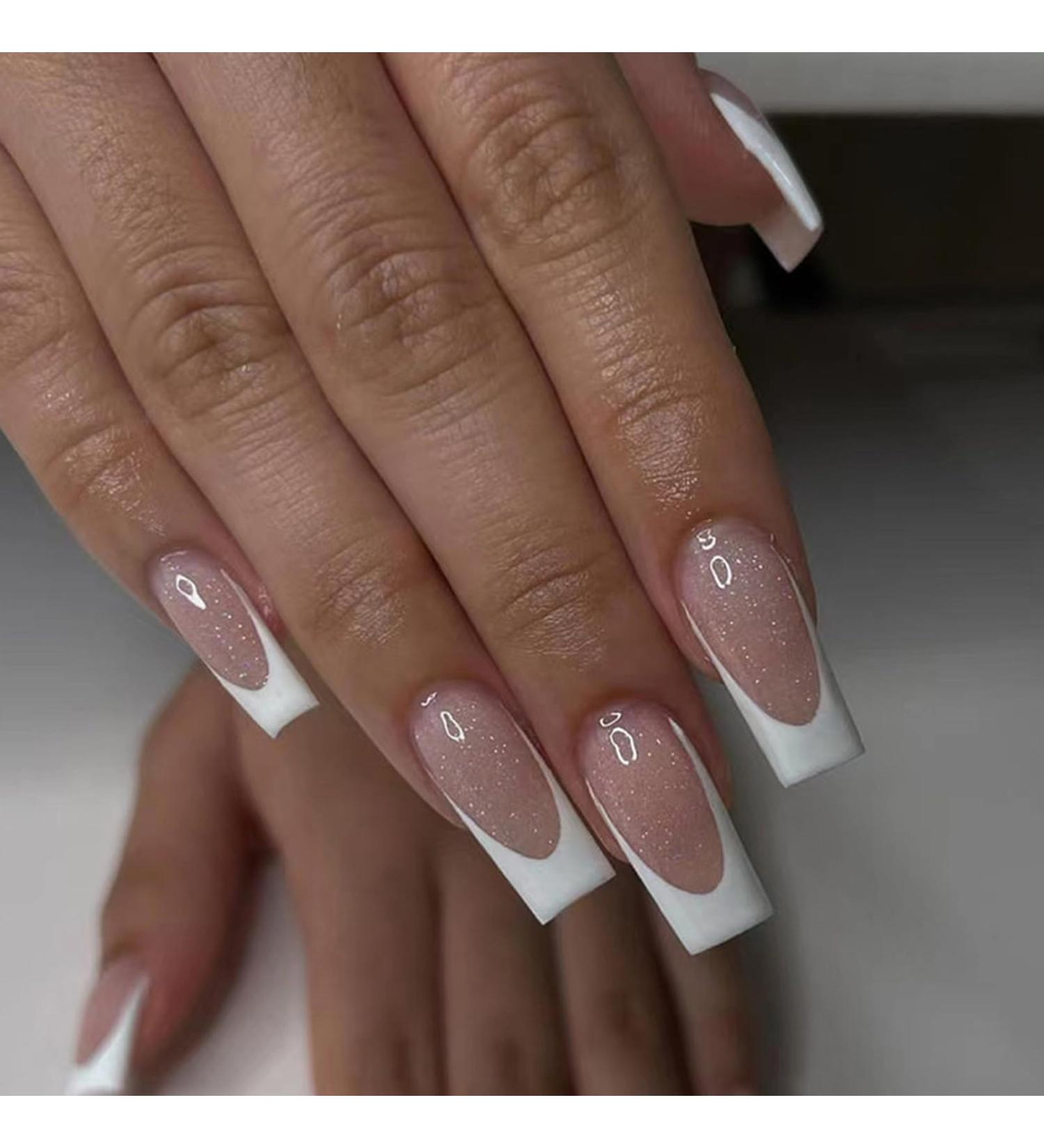 Coffin False Nails Long 24Pcs White Aurora French Fake Nails Ballerina Press on Nails Glitter French Nail Tips with Nail Glue Full Cover Stick on Nails for Women Girls Nails Art Aurora French Long - Buy Online on GoSupps.com