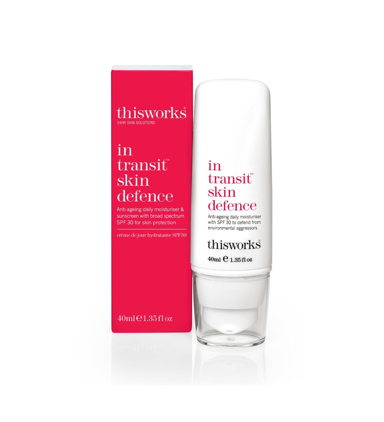 This Works In Transit Skin Defence 40 ml - SPF Face Moisturiser with Hyaluronic Acid Vitamin E and Antioxidants - Anti-Aging Daily Face Sunscreen with SPF 30 for Broad-Spectrum UVA/UVB Protection New In-Transit Skin Defence - Buy Online on GoSupps.com