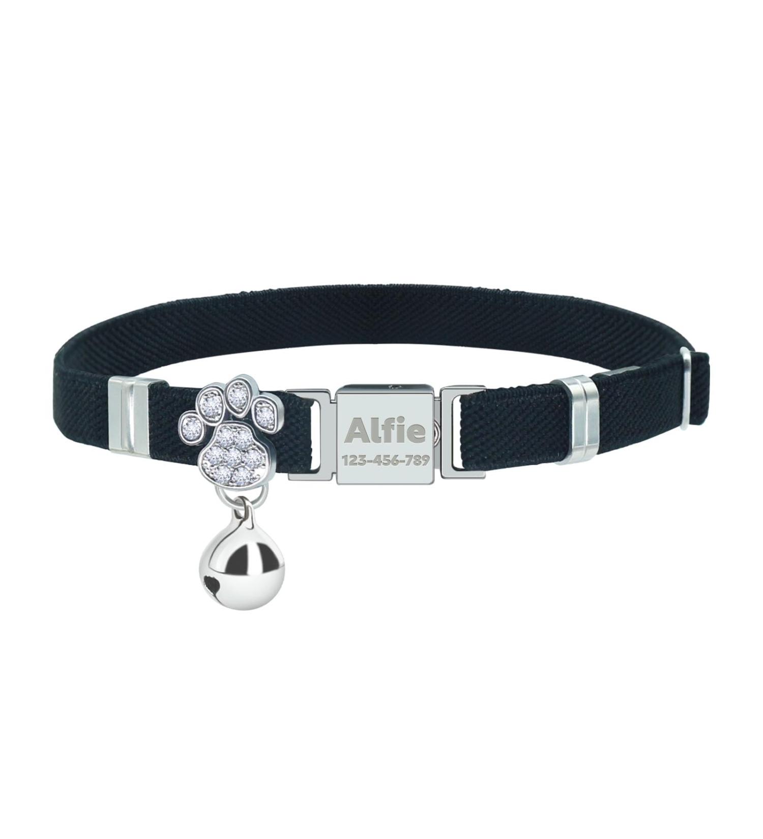 Personalized Black Cat Collar with Name & Phone Number | Engraved Elastic Cat Collar with Bell - International Shipping Available - Buy Online on GoSupps.com