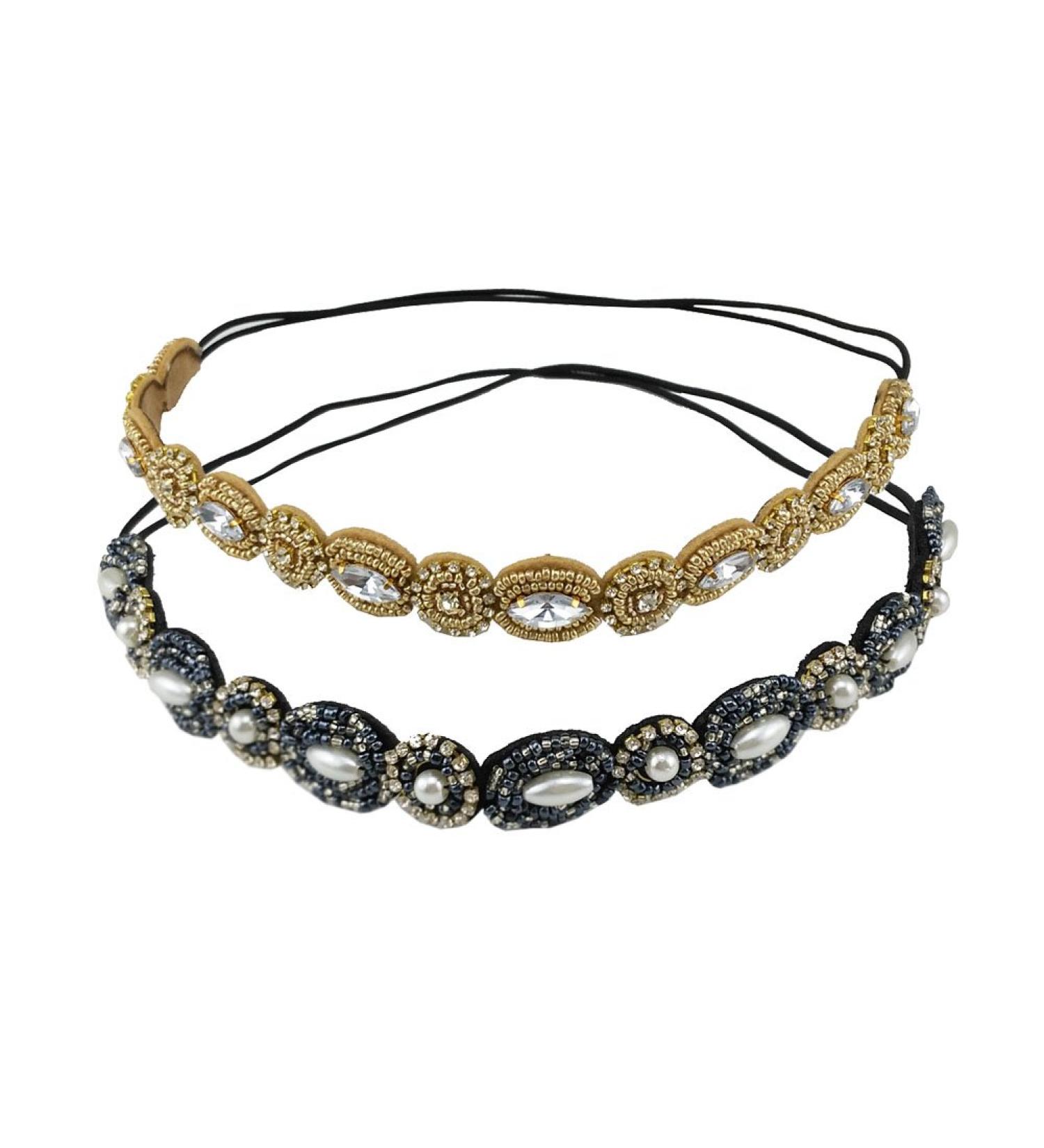 Yueton Handmade Crystal Rhinestone Beads Headband Set - Navy Blue + Gold | Women's Elastic Hair Accessories (Pack of 2) - Buy Online on GoSupps.com