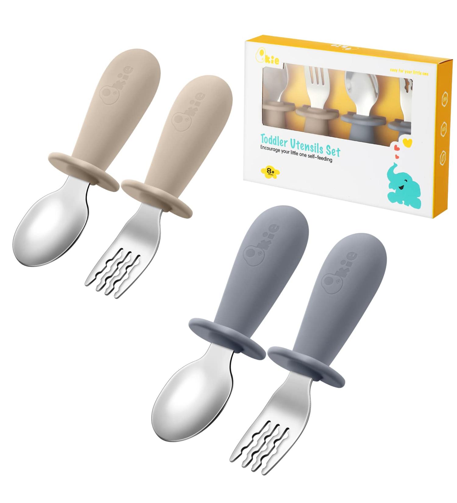 Qkie 4-Pack Stainless Steel Baby Cutlery Set | Toddler Fork & Spoon with Silicone Handles | Ideal for 10+ Months | Sand White & Gray - Buy Online on GoSupps.com
