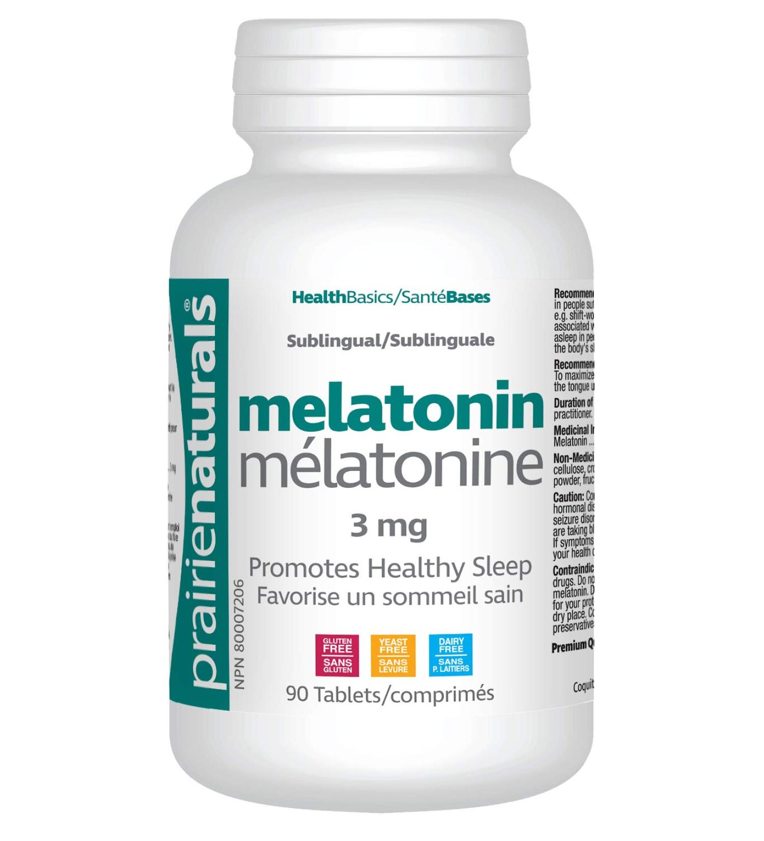 Prairie Naturals Sublingual melatonin 3mg tab helps increase total sleep helps relieve daytime fatigue associated with jet lag shift work reduces the time it takes to fall asleep helps reset the body's sleep-wake cycle 90 Count - Buy Online on GoSupps.com