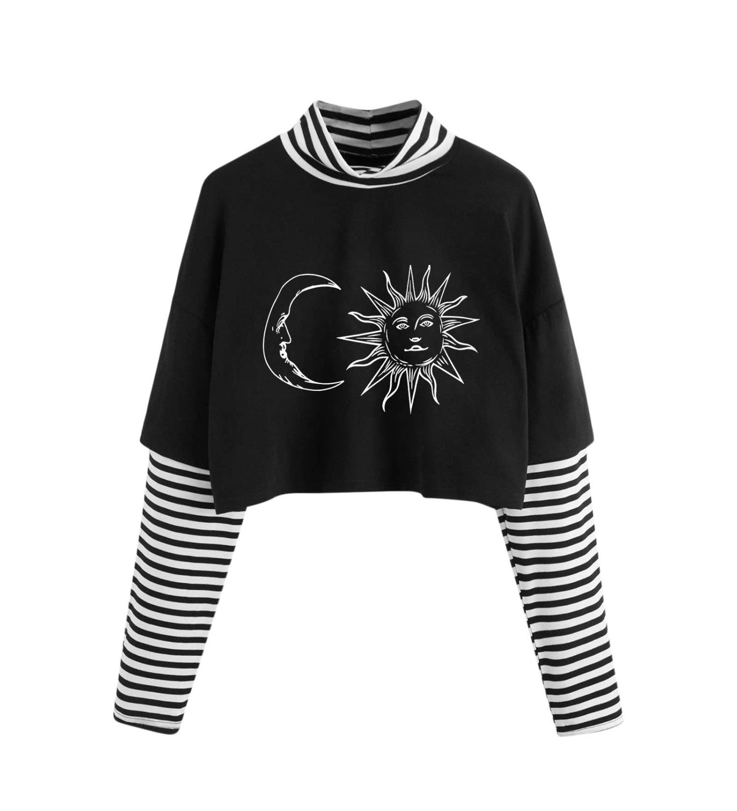 Women's Color Block Sun Moon Print Striped Crop Top - Long Sleeve Casual Blouse (Black, M) - Buy Online on GoSupps.com