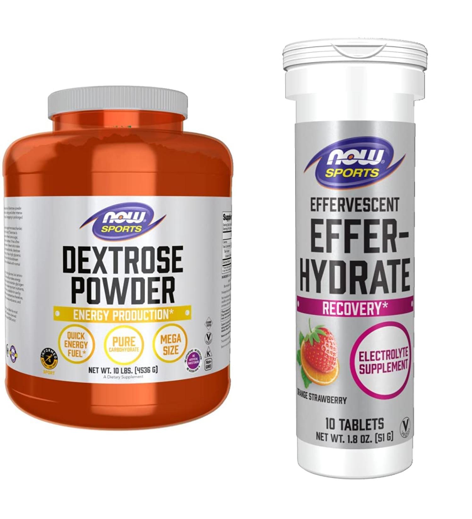 Bundle of NOW Sports Nutrition Dextrose Powder (Monosaccharide) 10-Pound + NOW Sports Nutrition Effervescent Effer-Hydrate Electrolyte Supplement Recovery* Orange Strawberry 10 Tablets