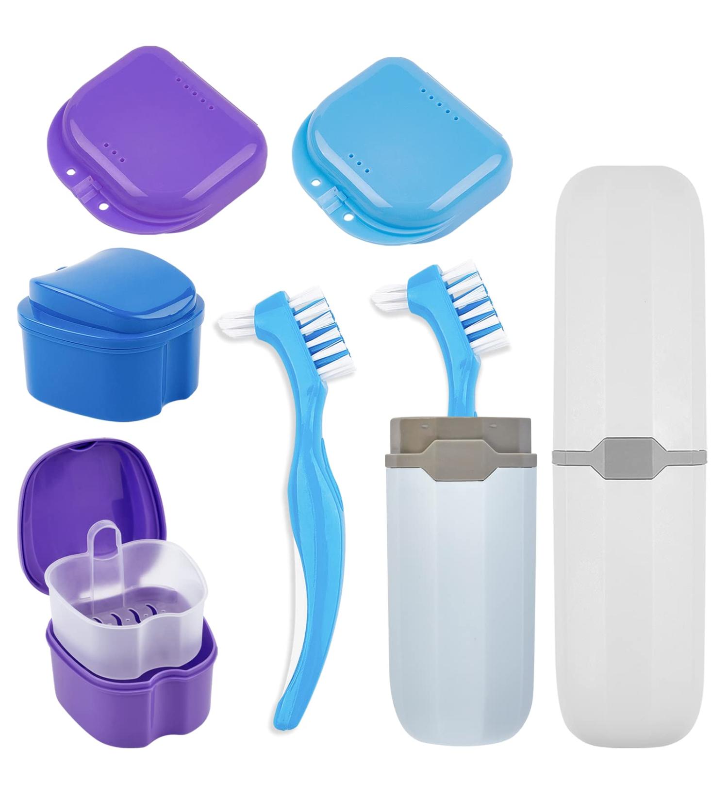 Jutieuo 8Pcs Denture Care Kit for Travel - Denture Bath Cups, Dual-Headed Toothbrushes, Portable Brush Boxes, Retainer Holder Boxes - Blue - Buy Online on GoSupps.com