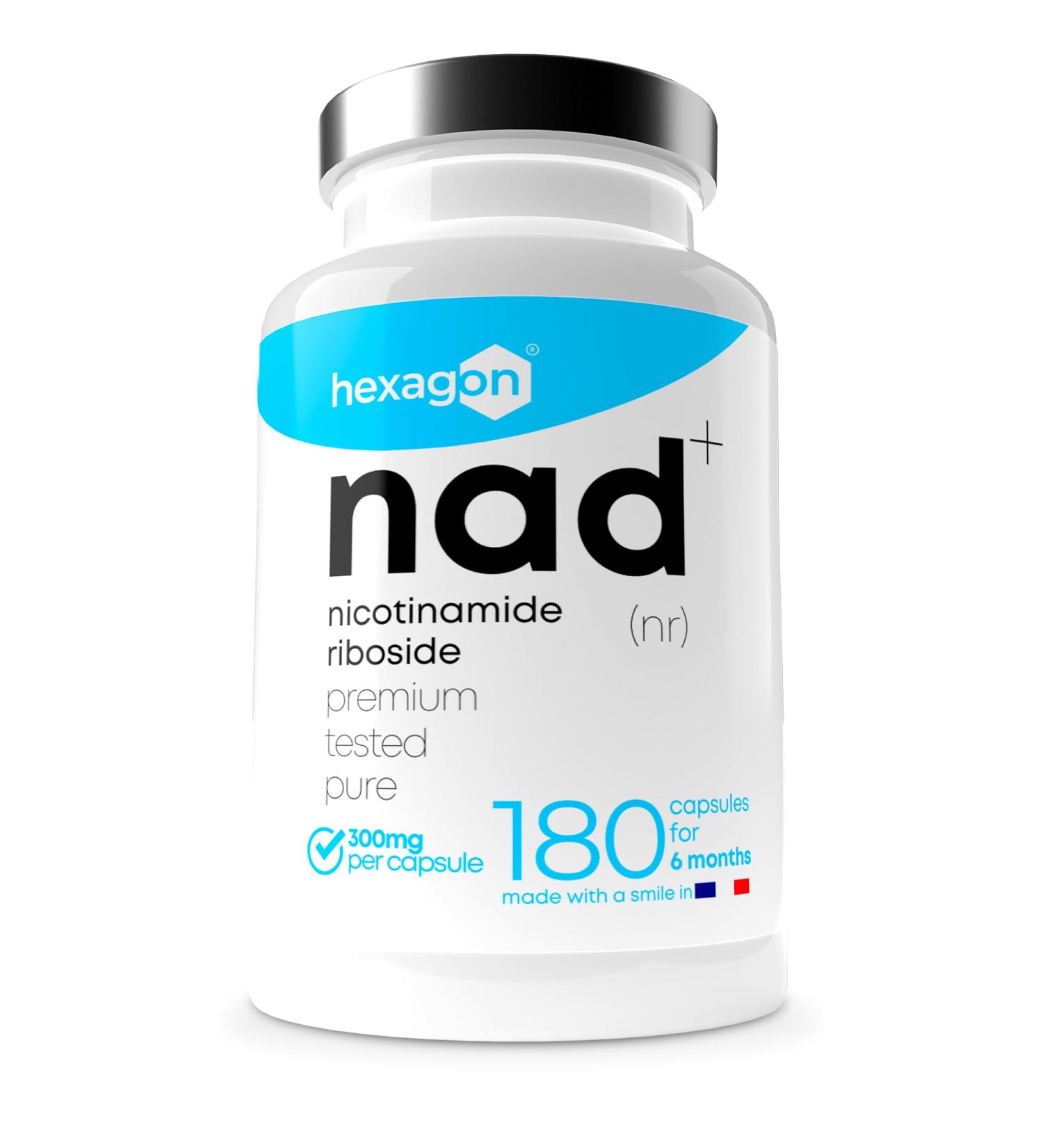 NAD+ Nicotinamide Riboside Chloride 300mg - 6 Months of Cure - NAD Booster - Anti-Aging & Against Fatigue - Made in France - 180 Vegetable Capsules - Vegan - Hexagon - Buy Online on GoSupps.com