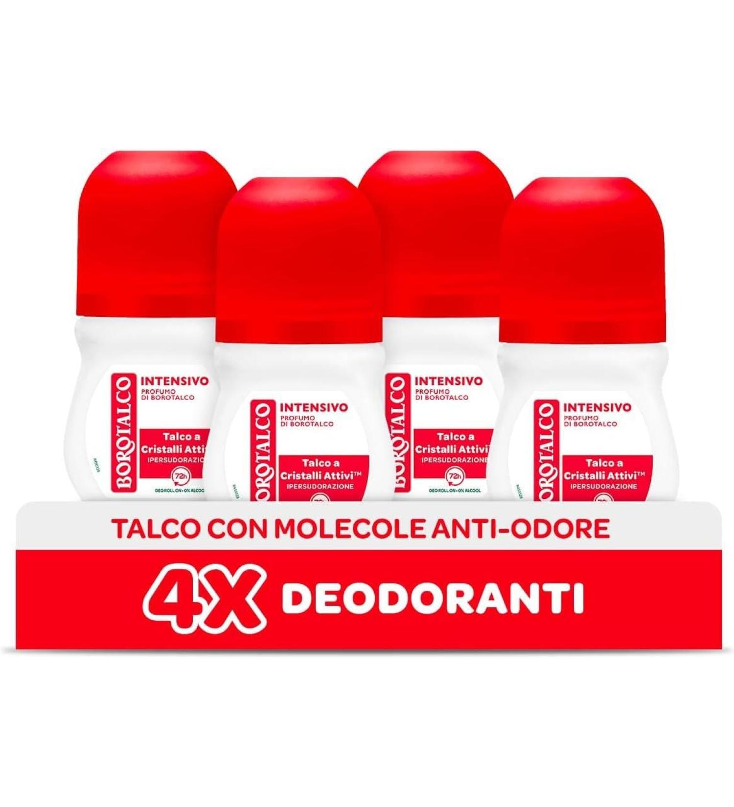 Borotalco Borotalco Intensive Roll-On Deodorant with Active Crystal Talc Hyperperspiration Alcohol-free Talcum Scent 72h Effectiveness - 4 x 50ml - Exclusive Amazon - Buy Online on GoSupps.com