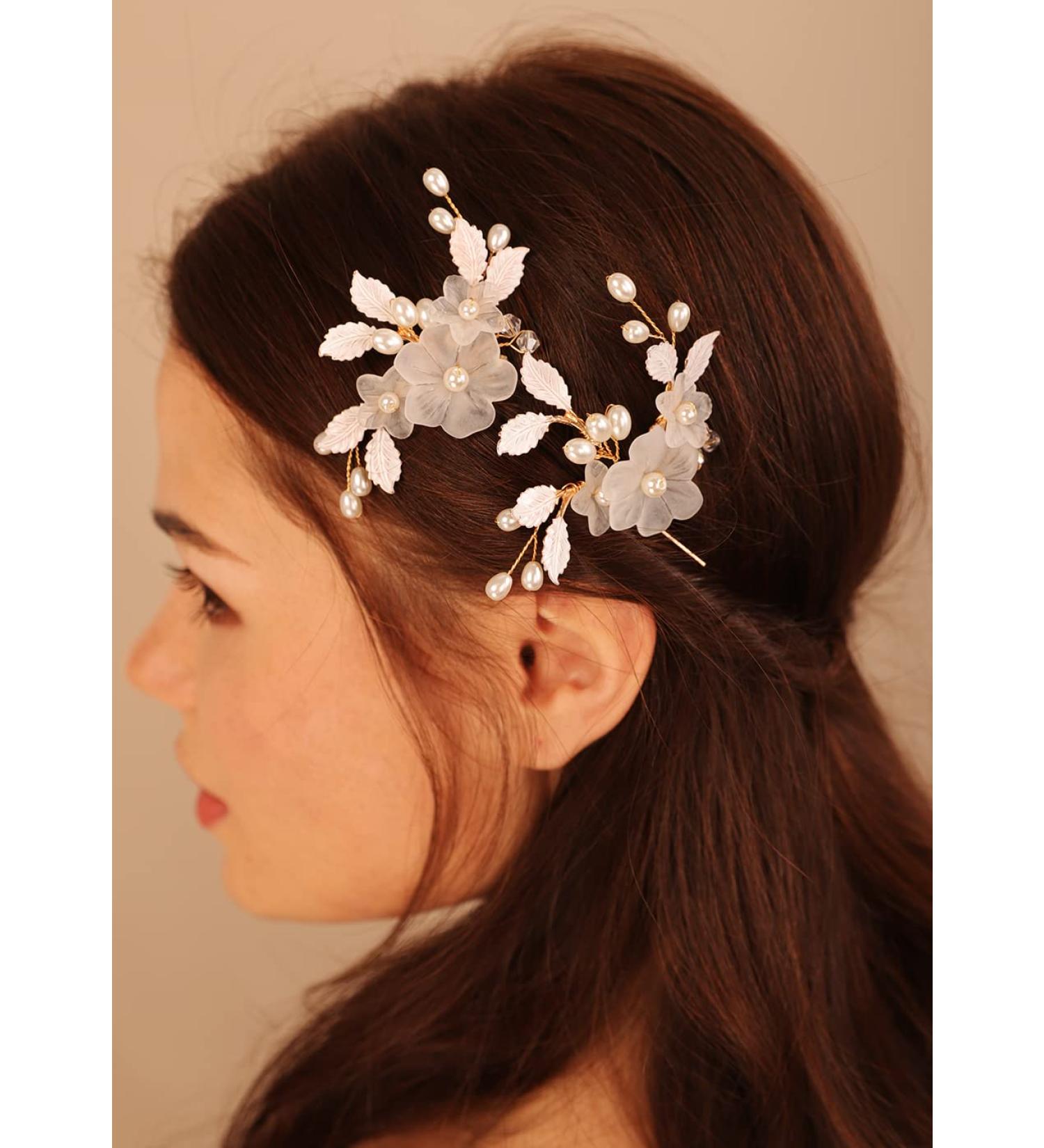 Deniferymakeup Flower Bridal Hair Pins Pearl Bride Wedding Hair Accessories Gold Leaf Hair Piece for Women and Girls - Buy Online on GoSupps.com