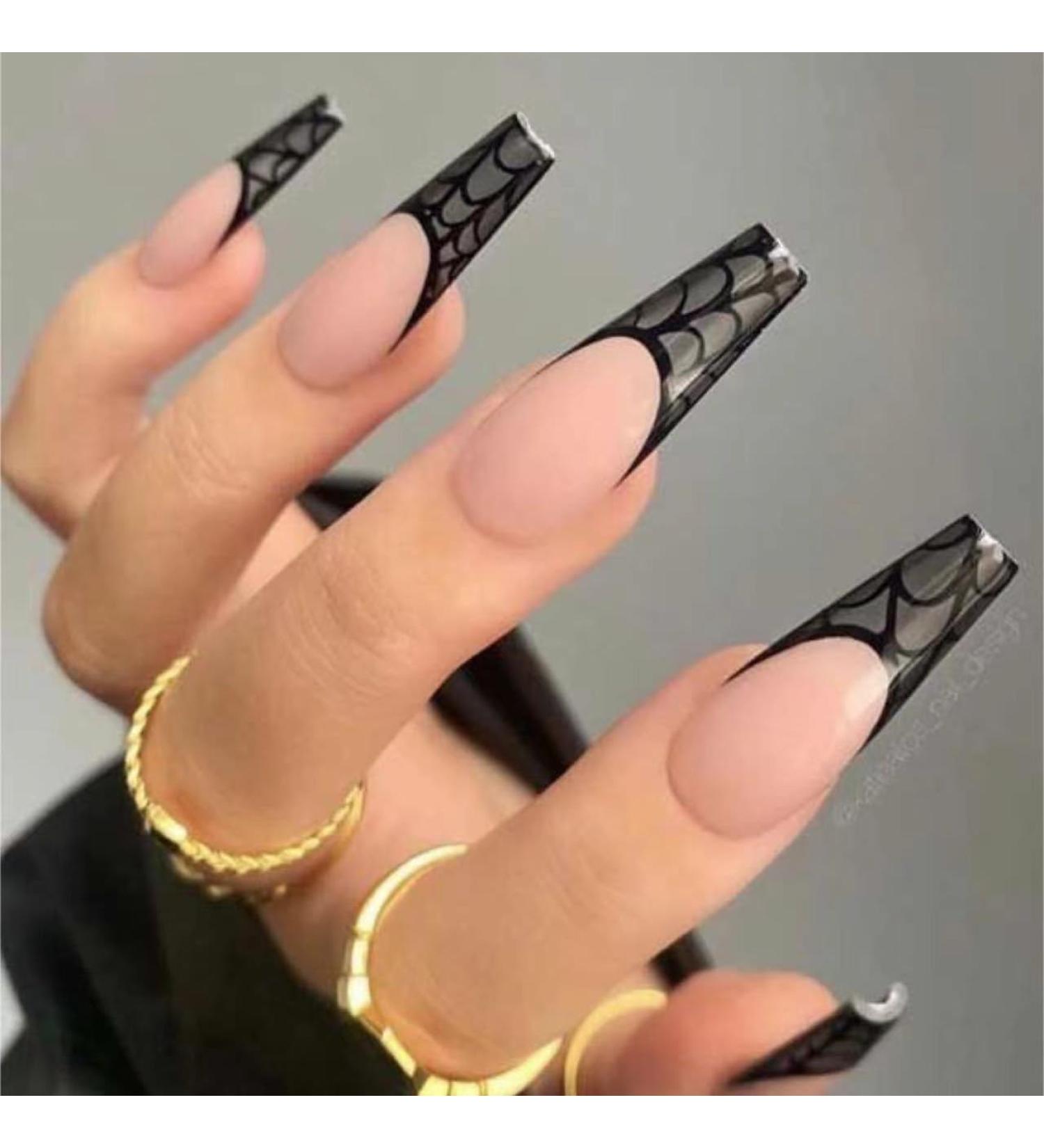 24Pcs/Set Press On Nails Halloween Black French Long CobWeb Style False Nails Acrylic Fake Nails Full Cover Nails Tips Artificial Finger Manicure Press on nails for Women and Girls - Buy Online on GoSupps.com