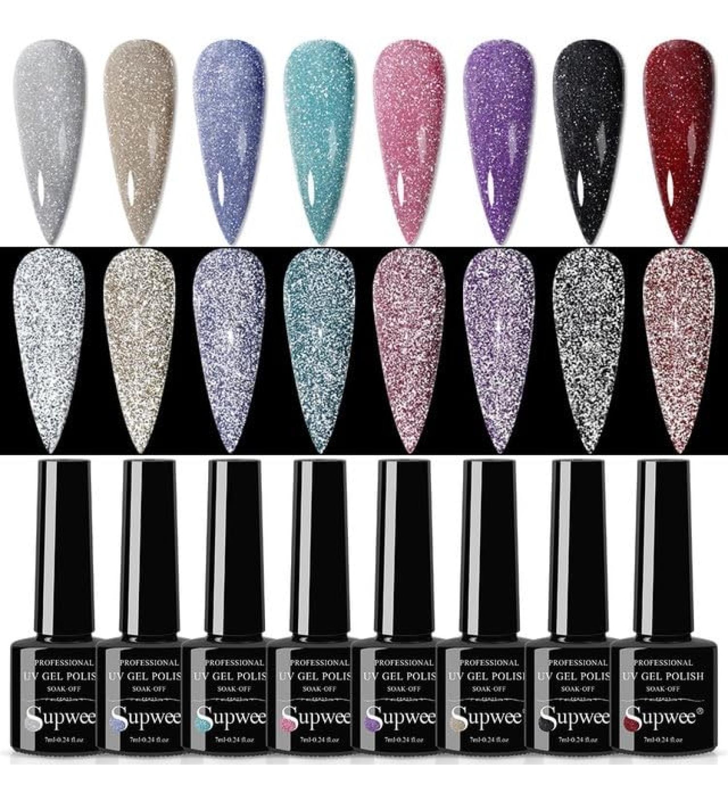 SUPWEE 8Pcs Reflective Glitter Gel Nail Polish Set Semi Permanent Soak Off UV Gel Varnish Nail Art Shiny Effect All for Manicure - (Color: BDSZJ111-8PCS) - Buy Online on GoSupps.com