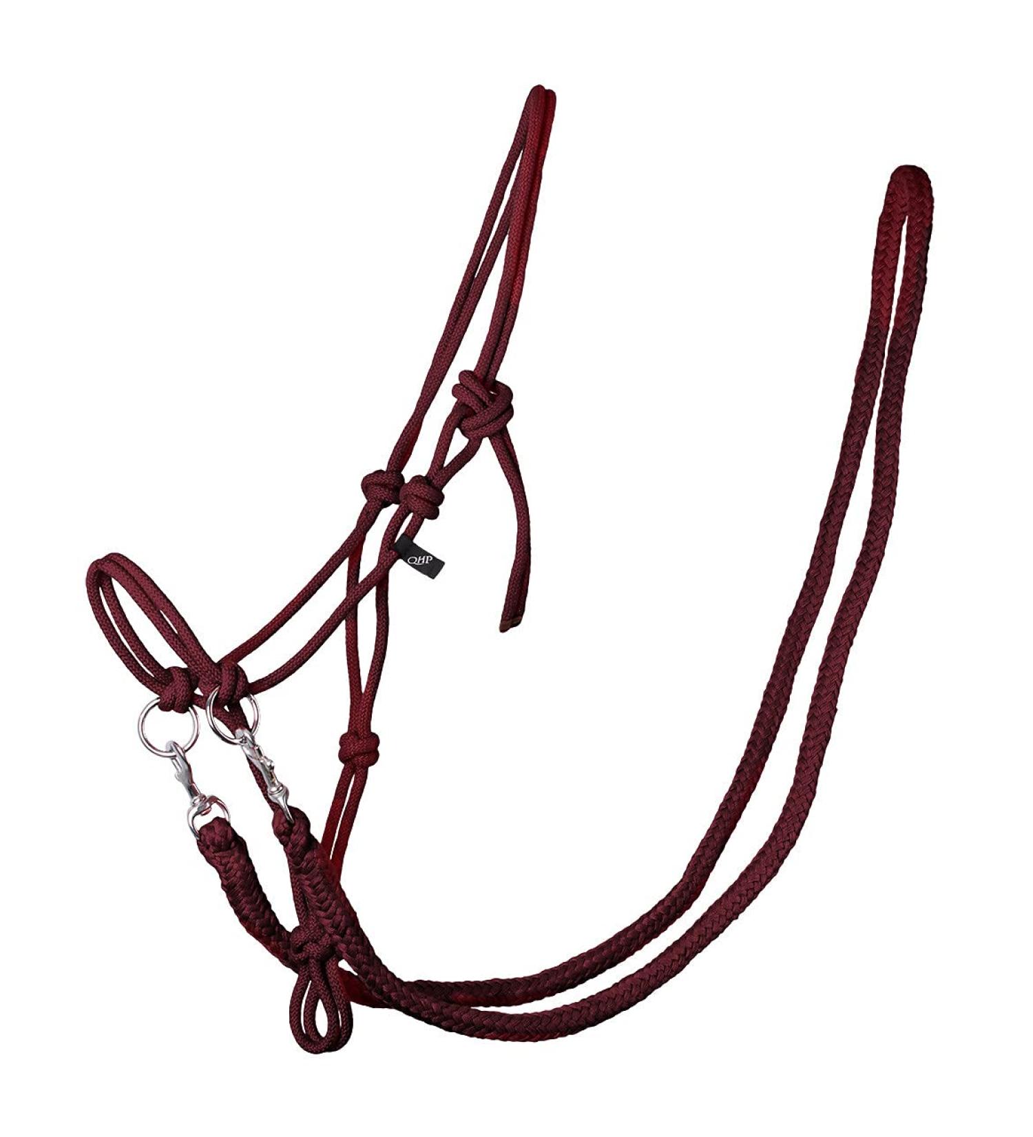 QHP knotted halter with reins robust 10 mm thick rope (Warmblood Bordeaux red) Warmblood burgundy red