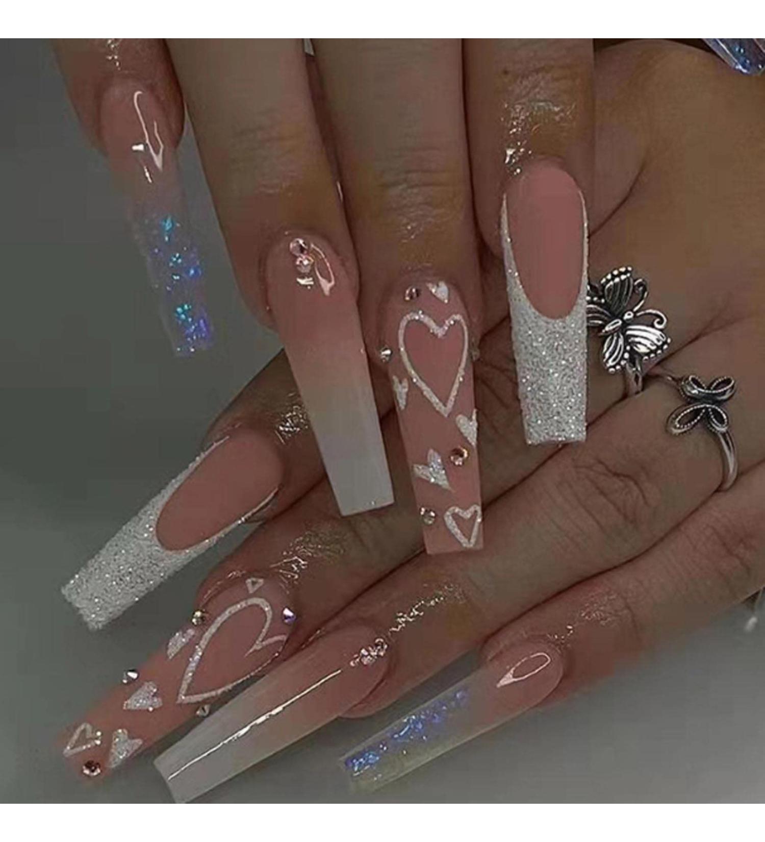 Buy Hkanlre French Pink Press on Nails | Coffin Long Heart Fake Nails - 24PCS Full Cover Ballerina Shiny False Nails for Women & Girls - International Shipping Available - Buy Online on GoSupps.com