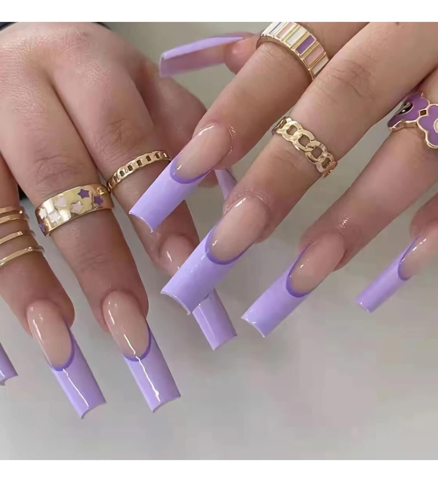 BABALAL Long French Tip Fake Nails - 24pcs Purple Glossy Coffin Press-On Nails with Nail Glue | Ballerina Acrylic Nails Full Cover False Nails - Buy Online on GoSupps.com