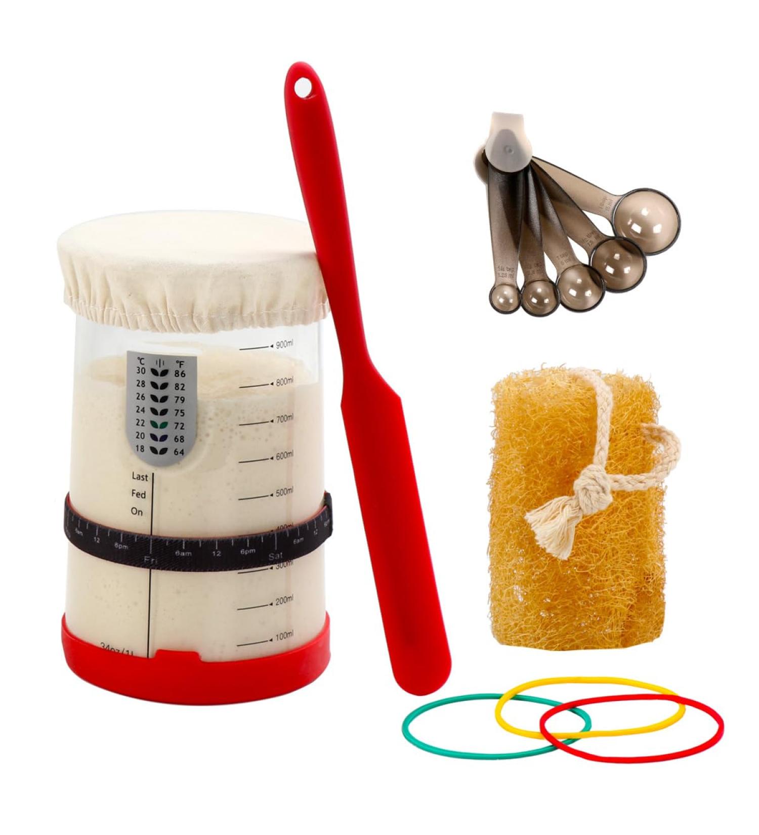 surebuy Sourdough Starter Jar Kit Lid Set 34oz Wide Mouth Silicone Scraper Cloth Cover Thermometer Design Measuring Spoon For Sourdough Baking Flour jar All Flours Red (1 Kit) - Buy Online on GoSupps.com