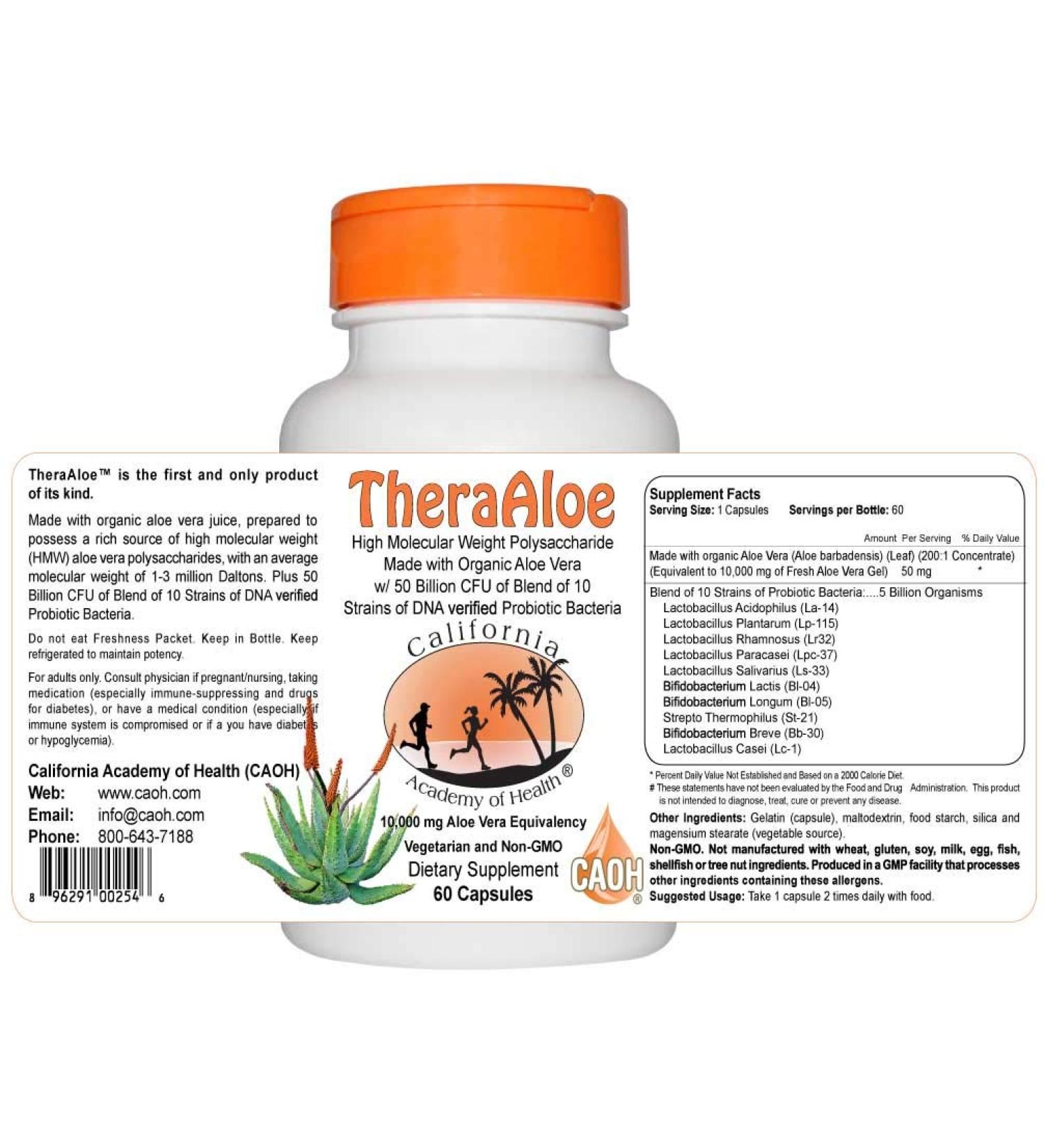CALIFORNIA ACADEMY OF HEALTH TheraAloe 200X High Molecular Weight Polysaccharide Organic Aloe Vera 60 Capsules