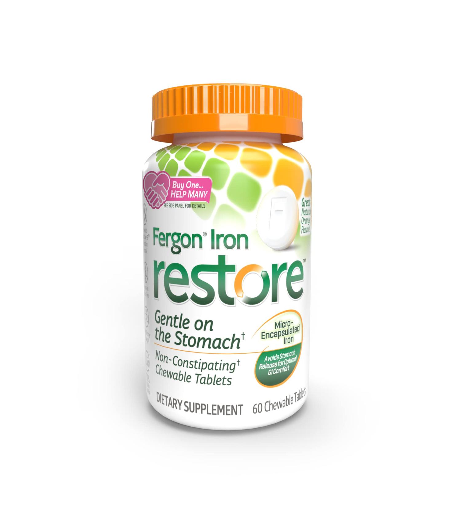 Fergon Iron Restore Chewable Tablets - 27mg Iron for Gentle Energy Support - Non-Constipating Formula - 60 Count - Buy Online on GoSupps.com