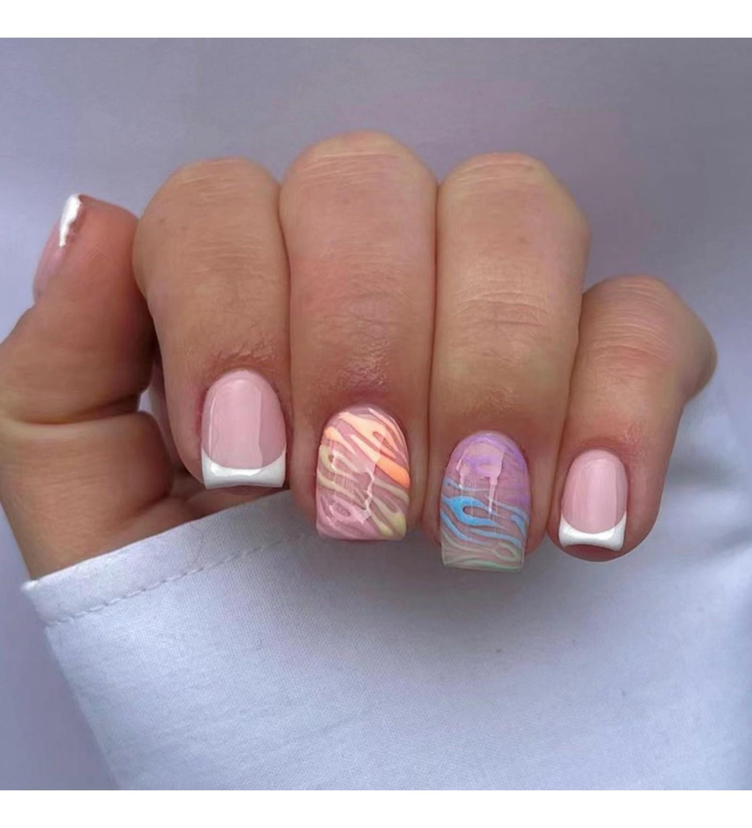 Justotry 24-Piece Colored Wavy Angular Nails - Short White French Press-On Nails Striped Artificial Fingernails for Women - Iridecent & Beautiful Square Design - Buy Online on GoSupps.com