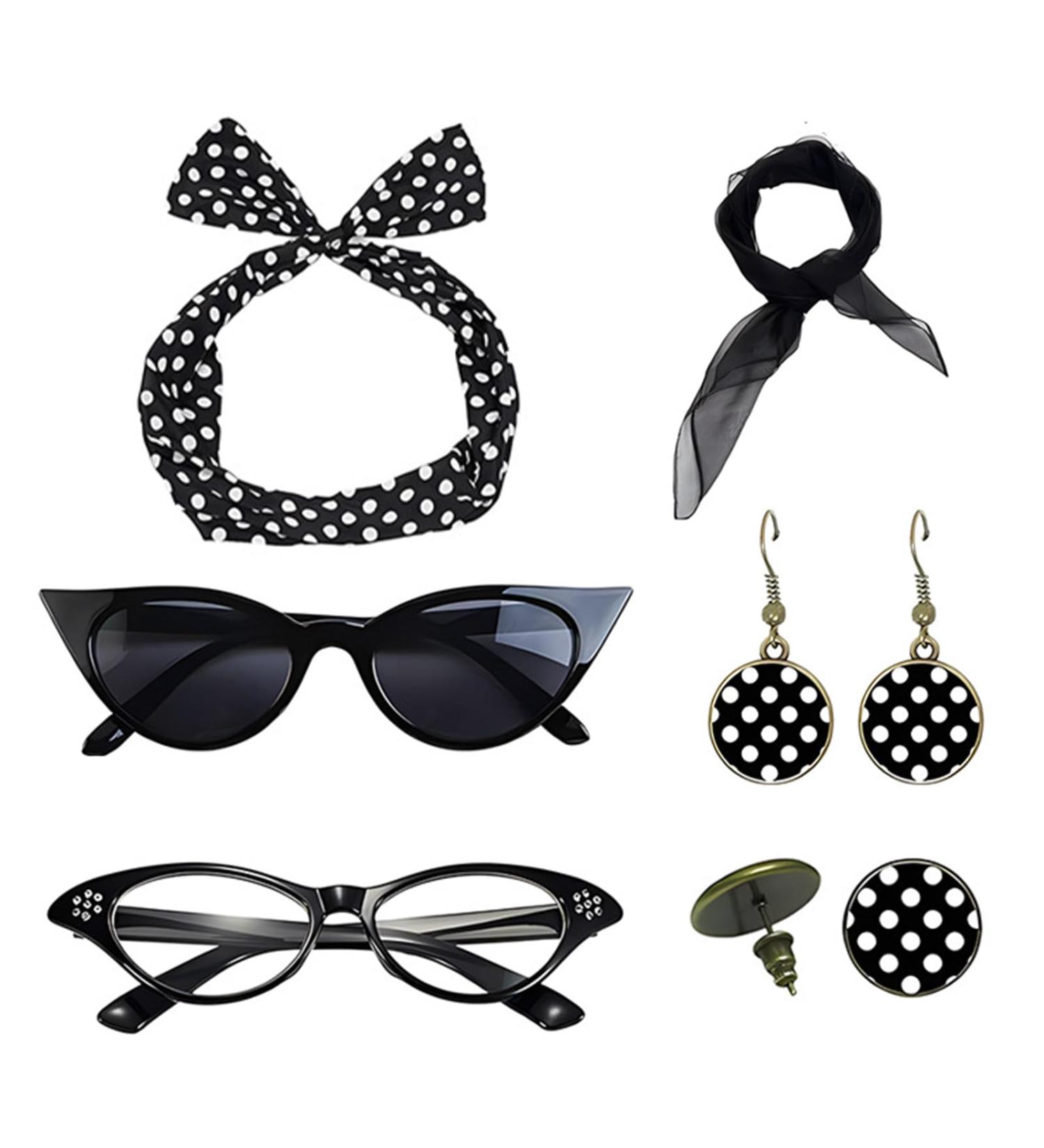 Lesunbak 50s Accessories for Women | 1950s Outfit with Headbands and Drop Earrings Costume Accessories with Red Bow Headband Vintage Polka Dot Hair Bands Cat Eye Glasses Black One Size - Buy Online on GoSupps.com