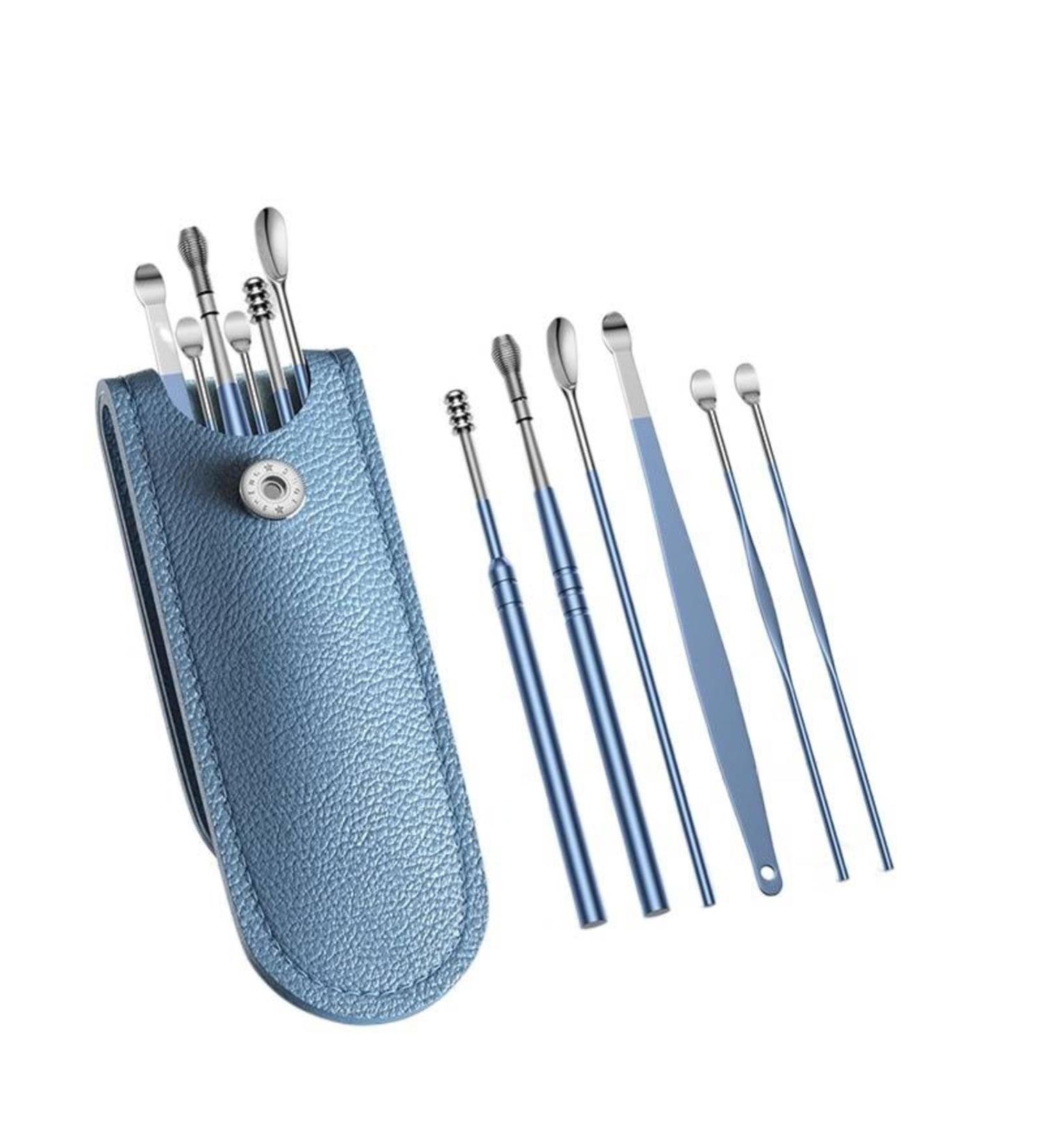 Stainless Steel Spiral Ear Cleaning Tool Set - 6pc Portable Ear Spoon Kit for Earwax Removal - Blue - Buy Online on GoSupps.com