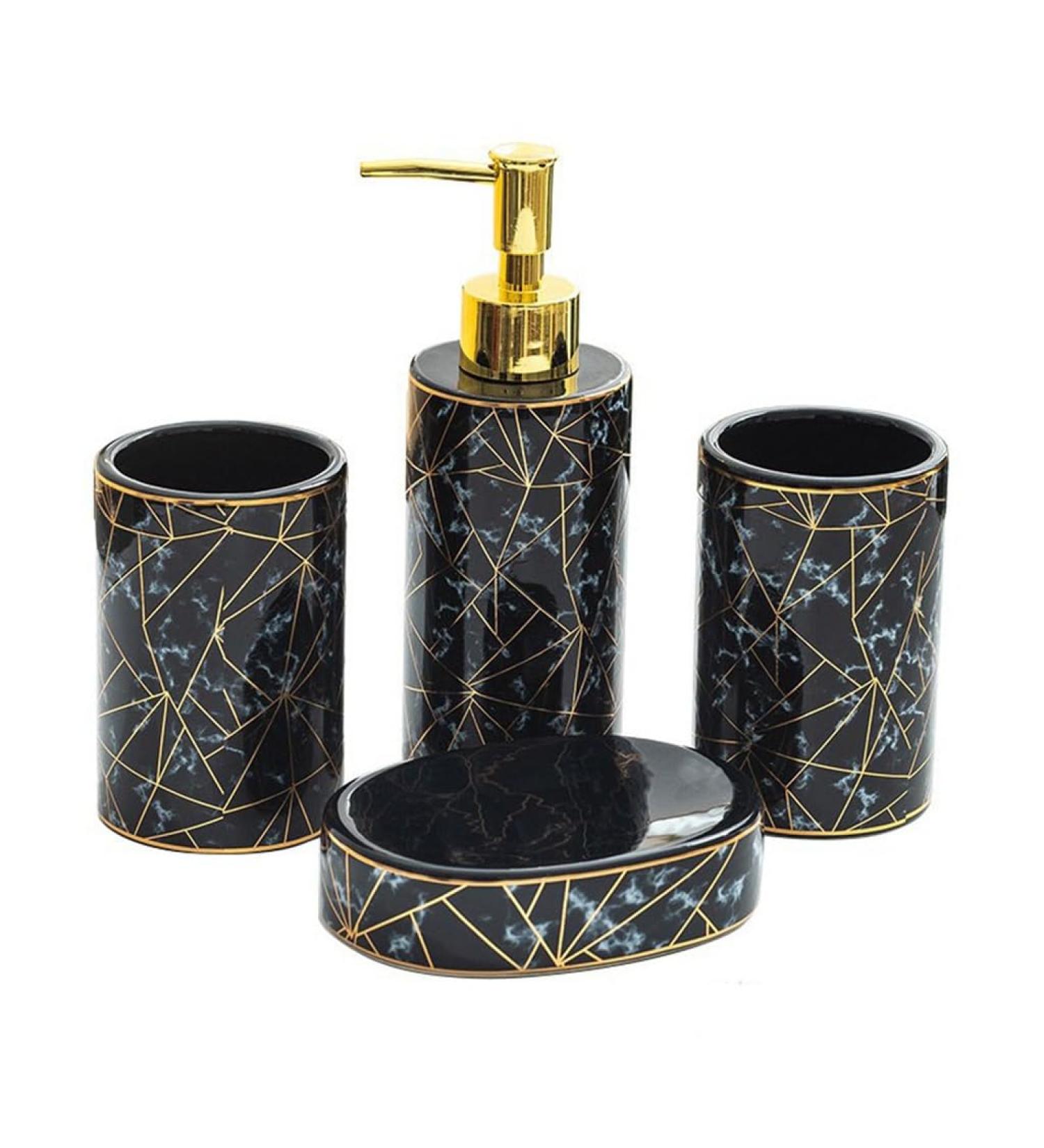 Shop 4-Piece Ceramic Bathroom Toiletries Set | Lotion Bottle & Toothbrush Holder | Elegant Household Items - International Shipping Available - Buy Online on GoSupps.com
