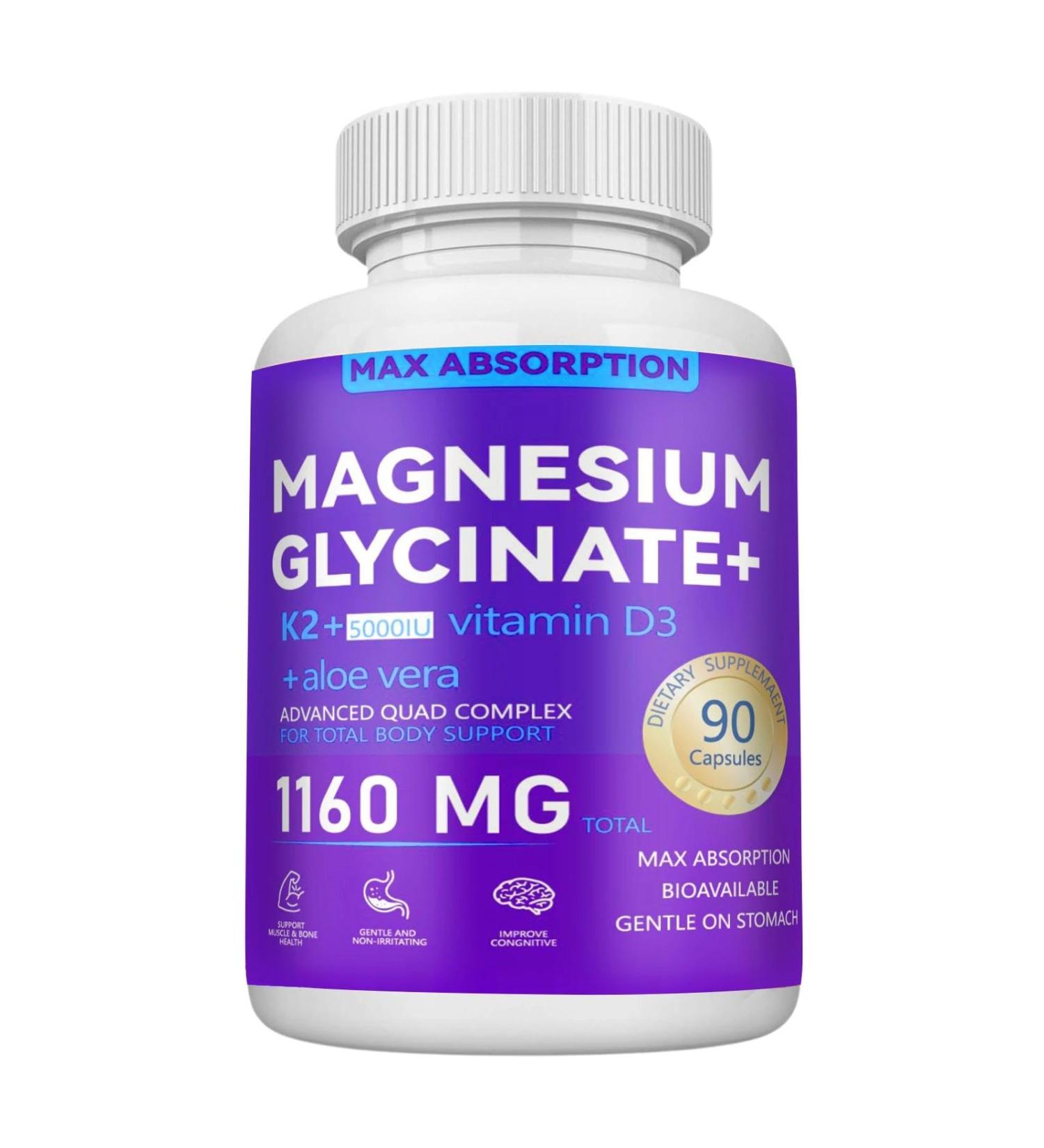 Magnesium Glycinate 1160mg with Aloe Vera Vitamin D3 & K2 High-Absorption Chelated Formula Supports Calm Mind Muscle Comfort & Metabolic Wellness 90 Capsules(1PC) - Buy Online on GoSupps.com