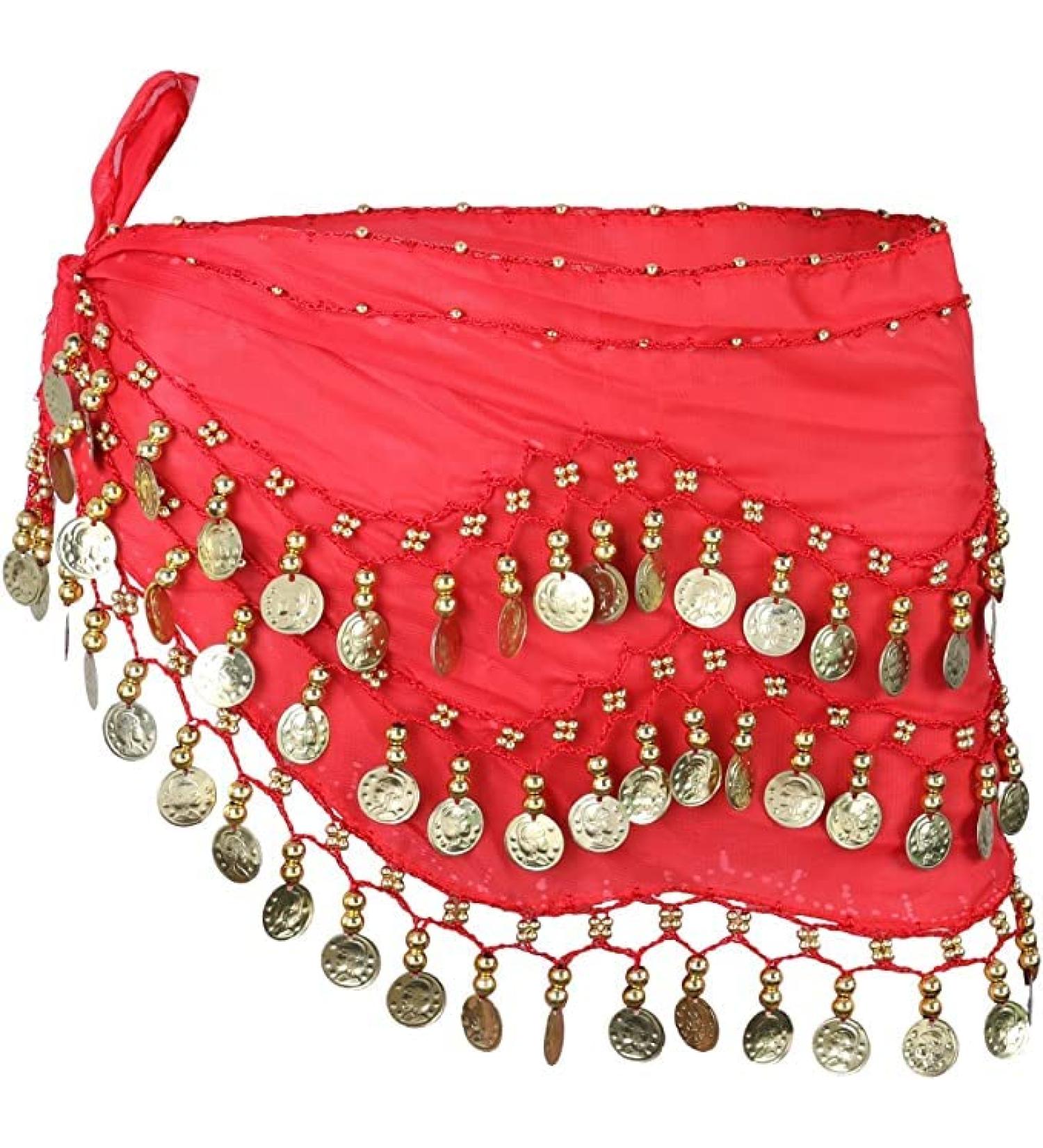 Womens Belly Dance Hip Scarf & Chiffon Towel - Red Coin Belt Costume with Sequins | International Shipping - Buy Online on GoSupps.com