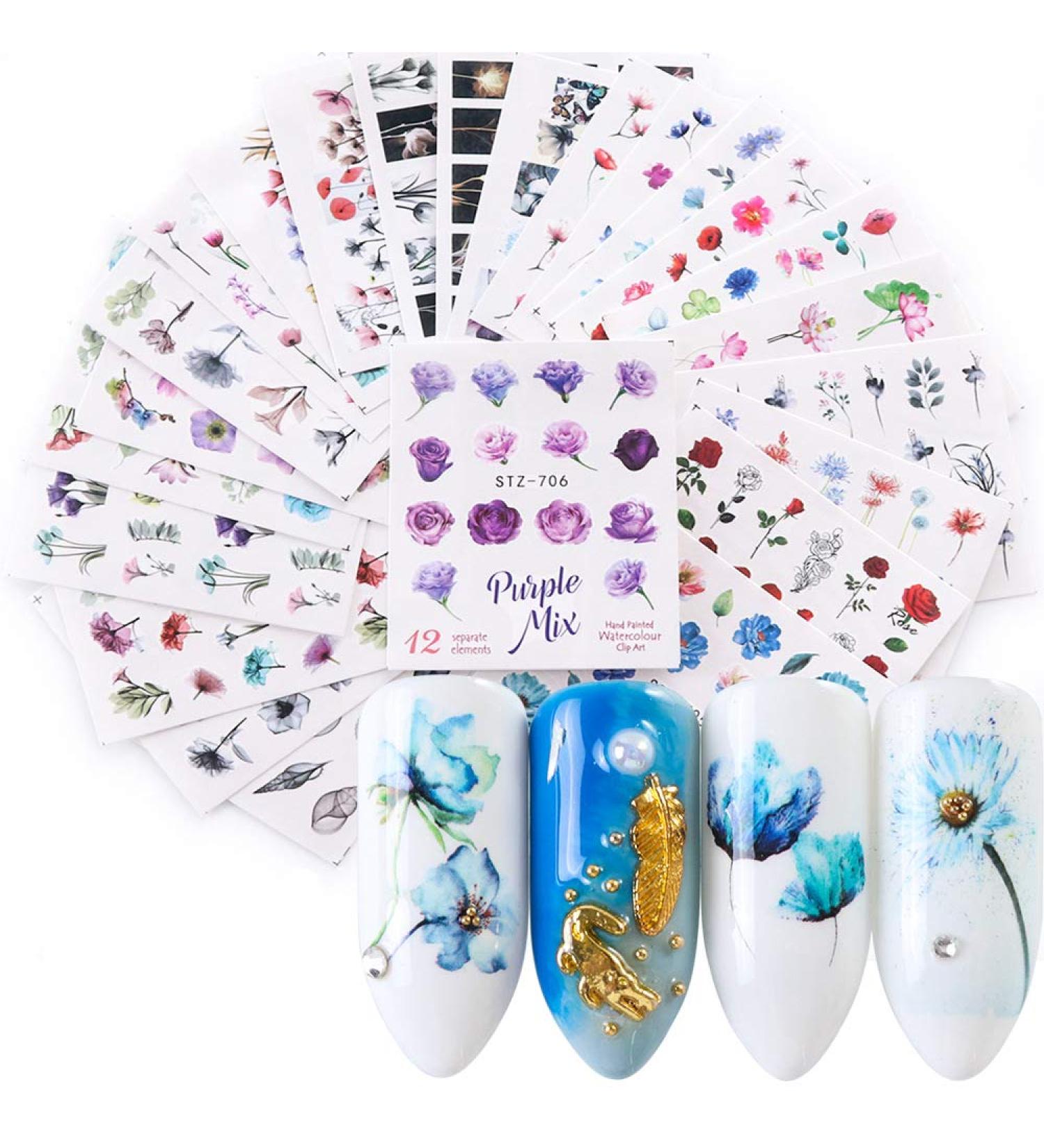 Floral and Butterfly Nail Stickers - Water Transfer Decals for DIY Nail Art - 24 Sheets - Buy Online on GoSupps.com